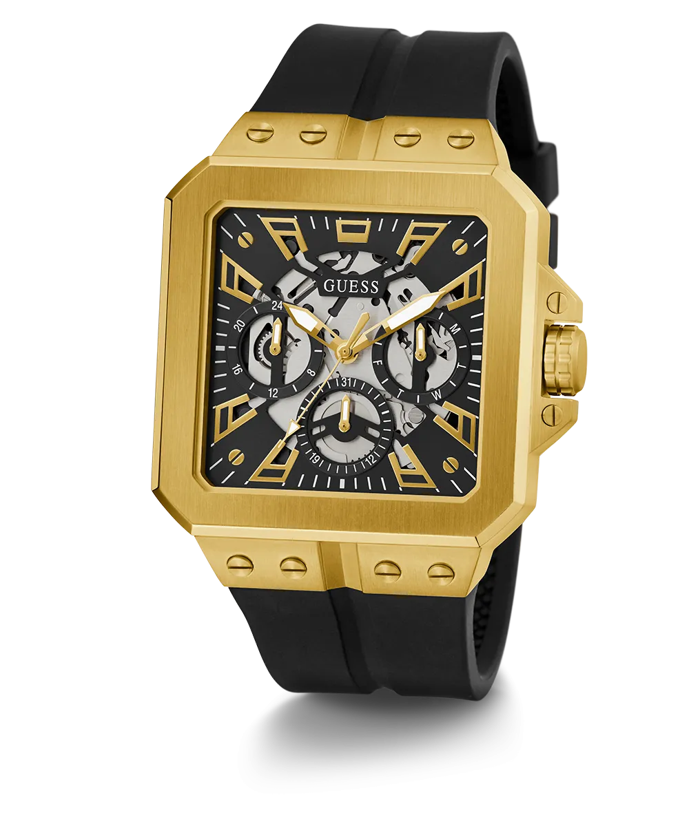 GUESS Mens Black Gold Tone Multi-function Watch