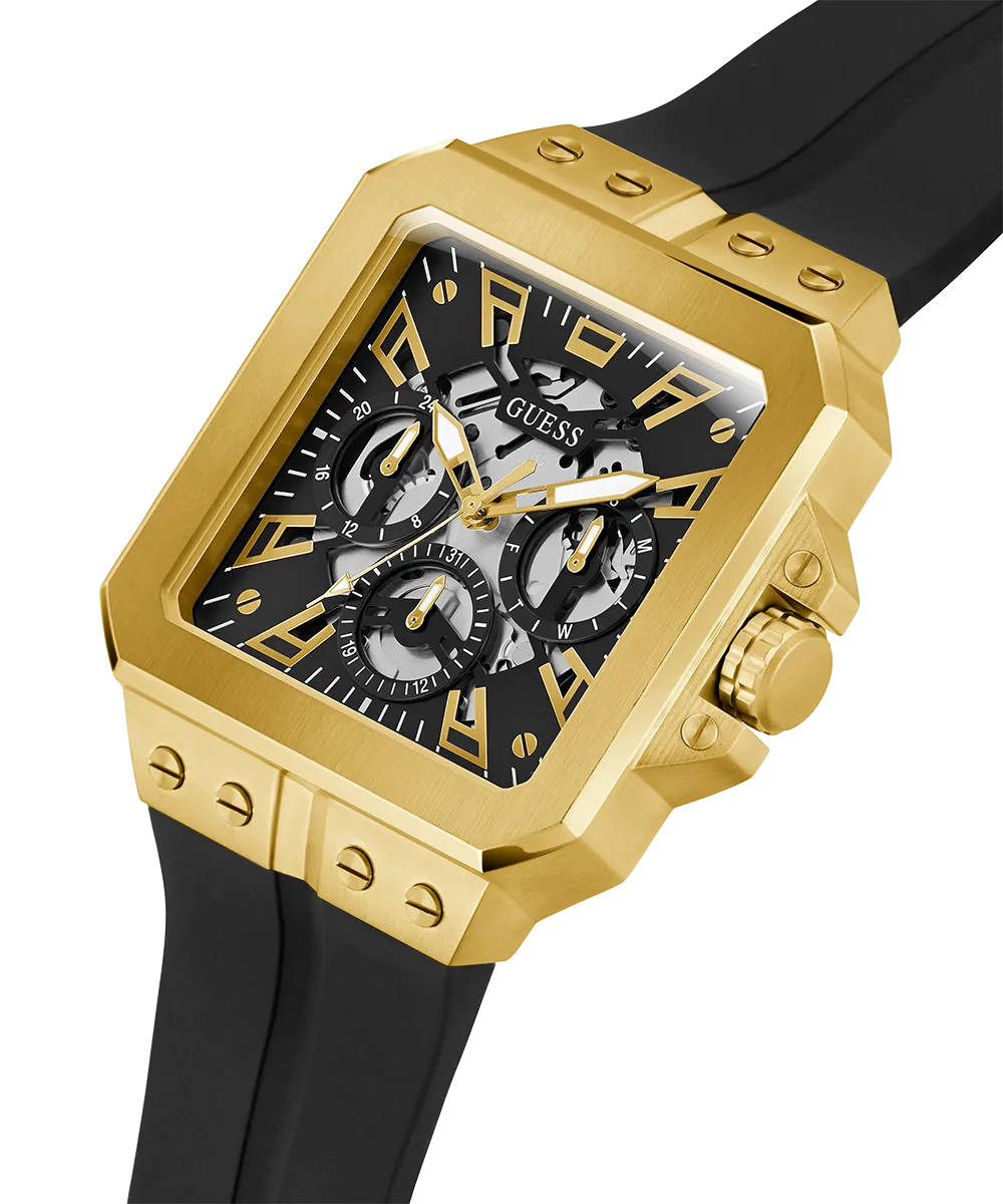 GUESS Mens Black Gold Tone Multi-function Watch