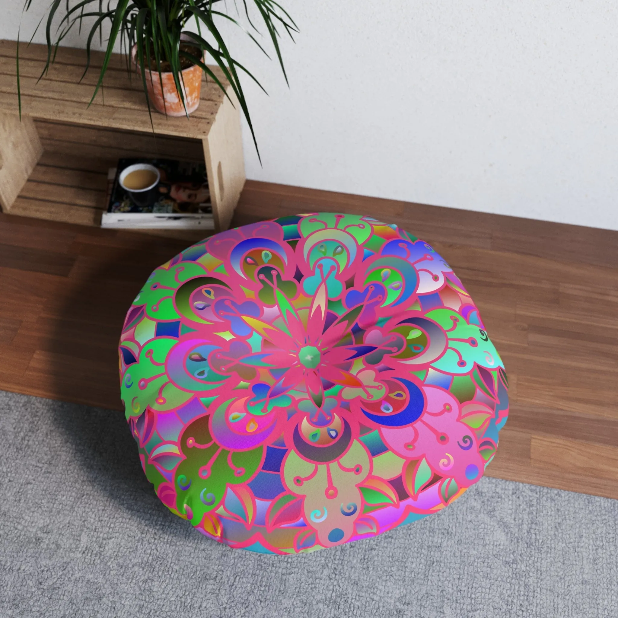 Hand Drawn Mandala Art Floor Cushion - Turquoise Background