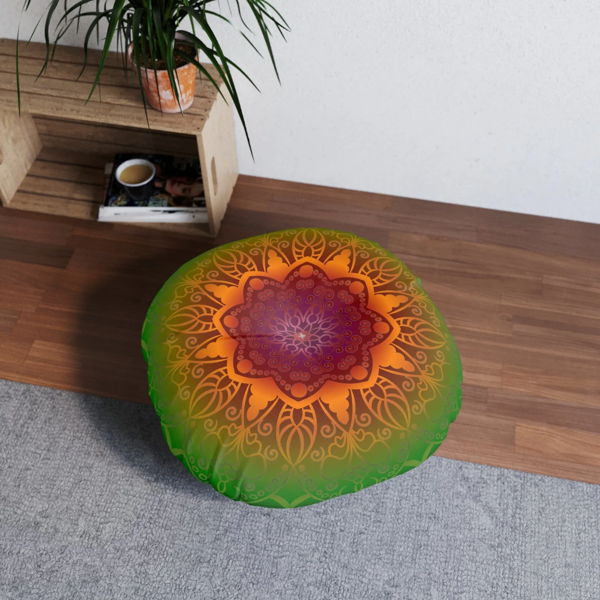 Handmade Mandala Art Floor Cushion - Rainbow Flower on Black - Tufted