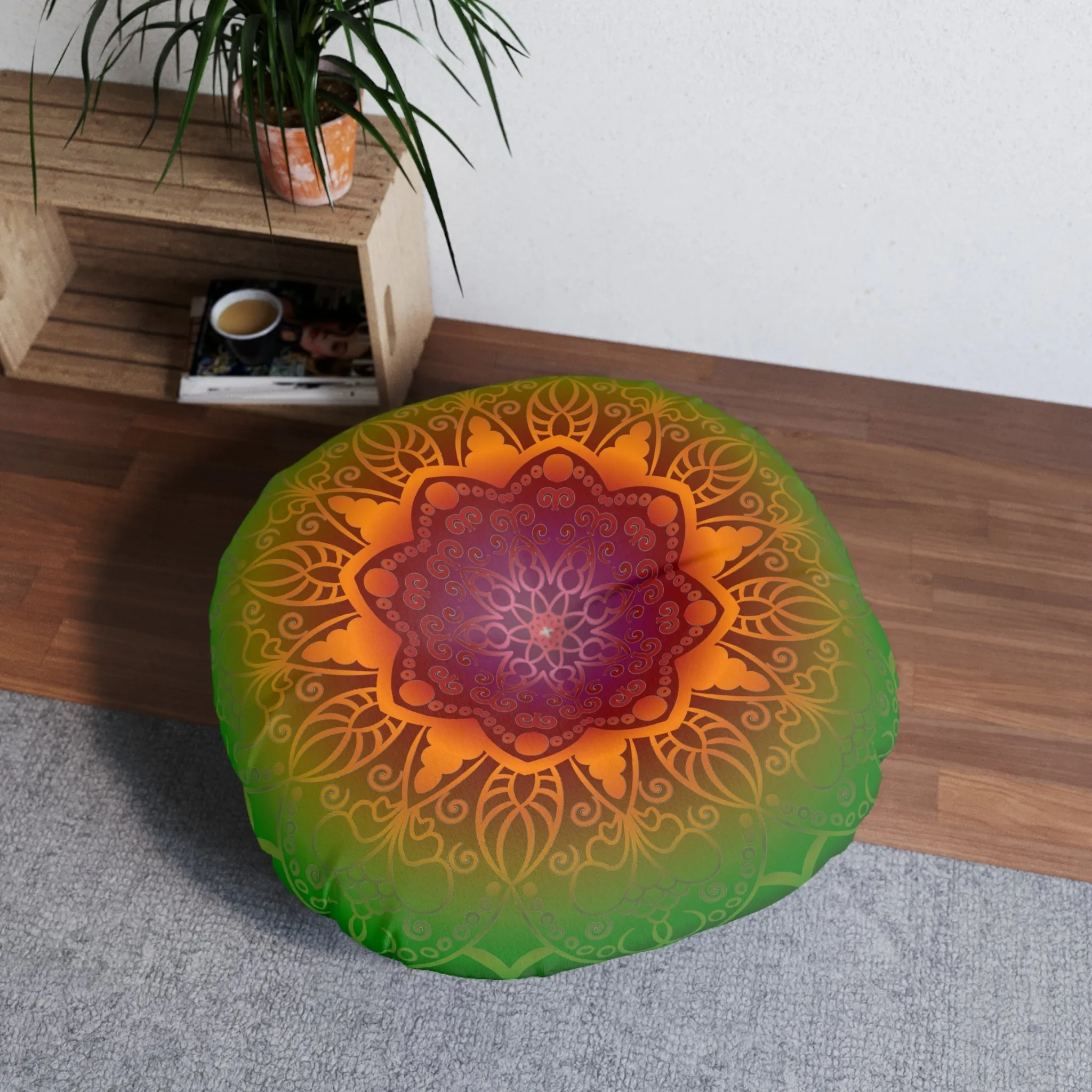 Handmade Mandala Art Floor Cushion - Rainbow Flower on Black - Tufted