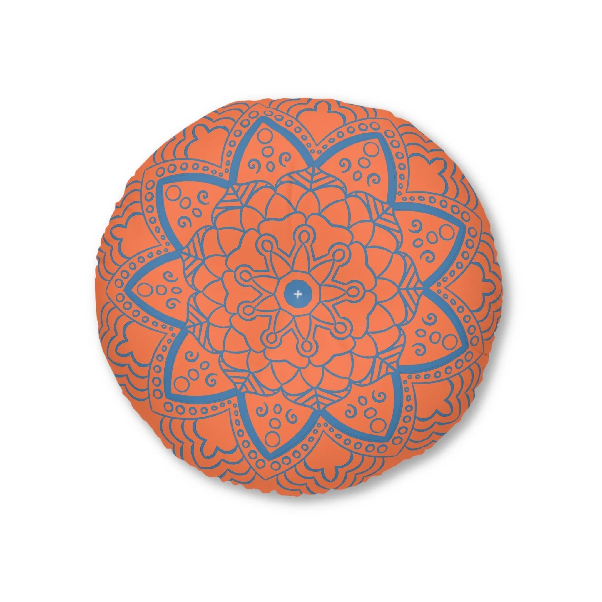 Handmade Mandala Art Floor Cushion - Steel Blue on Coral - Round