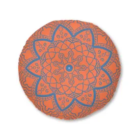 Handmade Mandala Art Floor Cushion - Steel Blue on Coral - Round