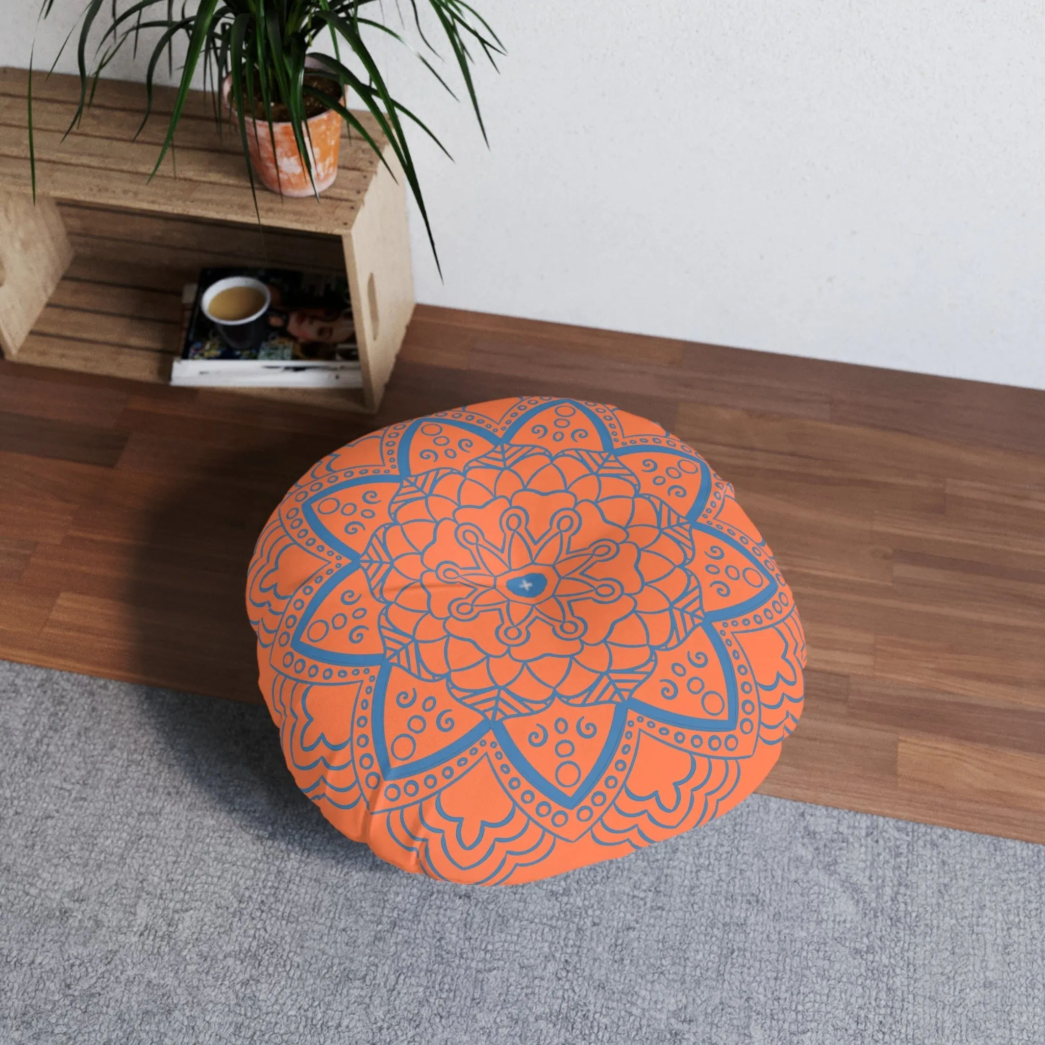 Handmade Mandala Art Floor Cushion - Steel Blue on Coral - Round