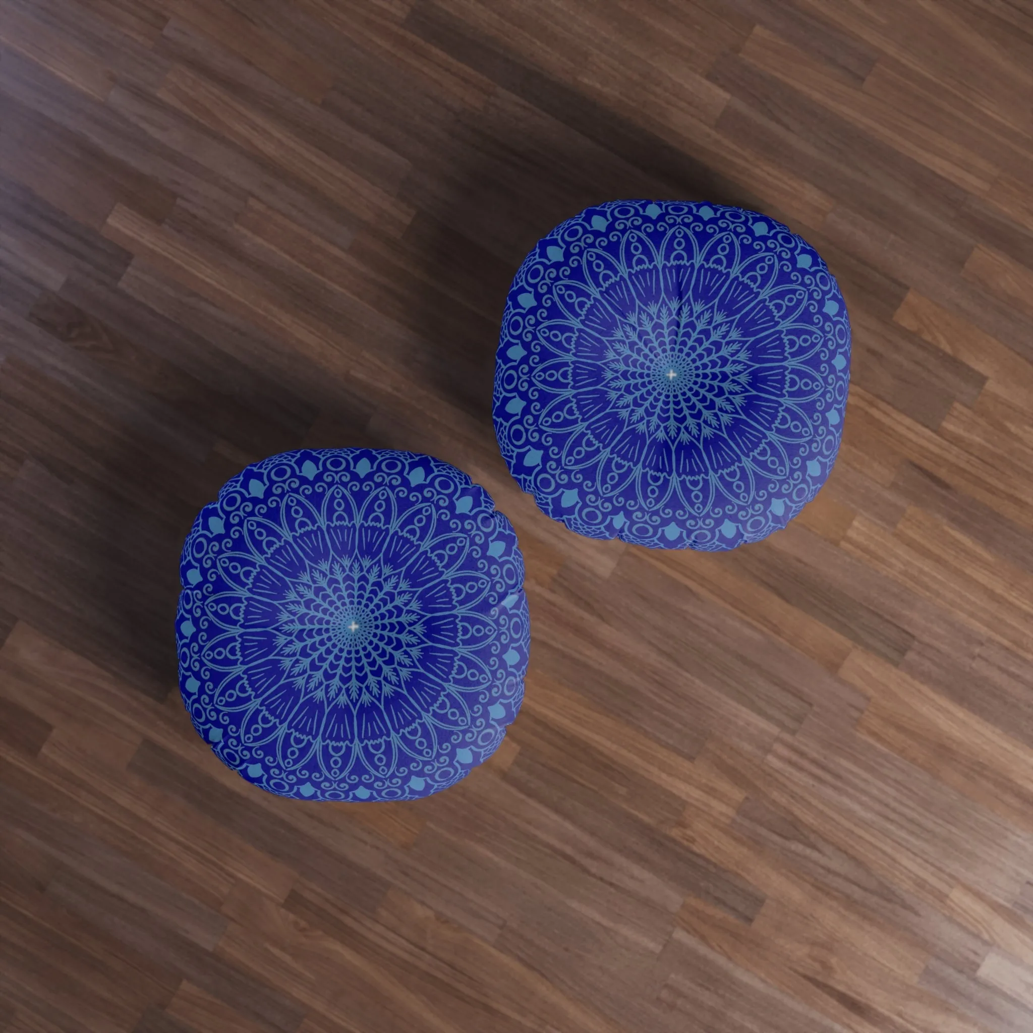 Handmade Mandala Art Steel Blue Floor Cushion - Round Tufted Pillow