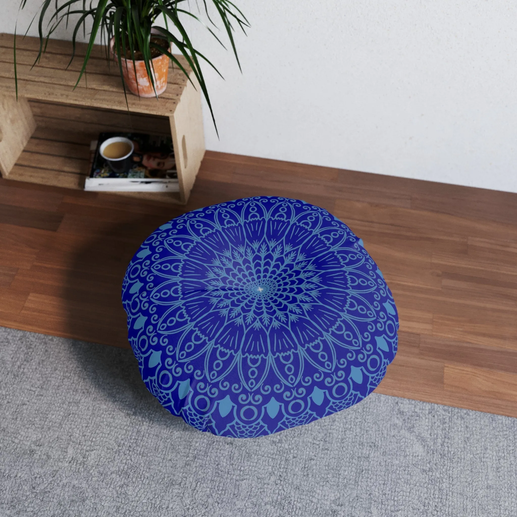 Handmade Mandala Art Steel Blue Floor Cushion - Round Tufted Pillow