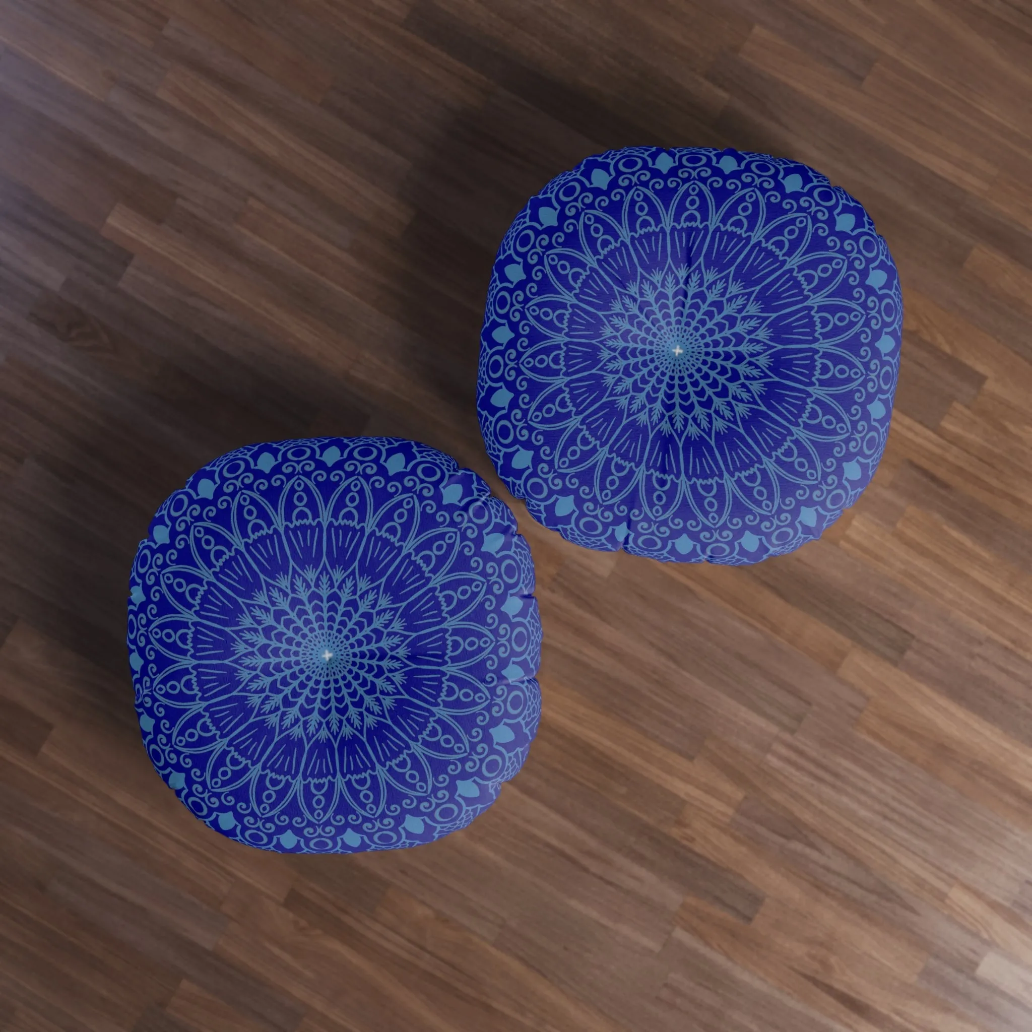 Handmade Mandala Art Steel Blue Floor Cushion - Round Tufted Pillow