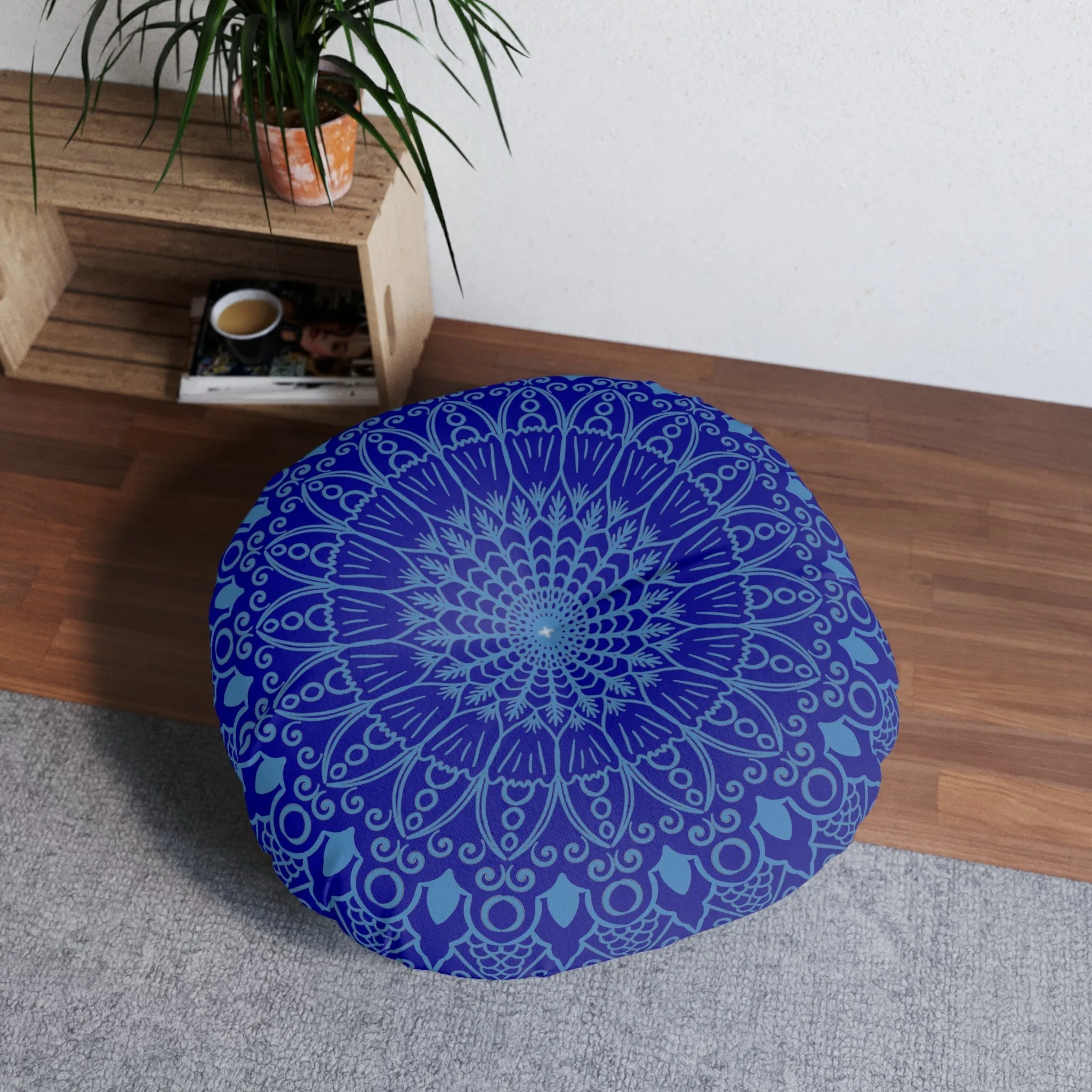 Handmade Mandala Art Steel Blue Floor Cushion - Round Tufted Pillow