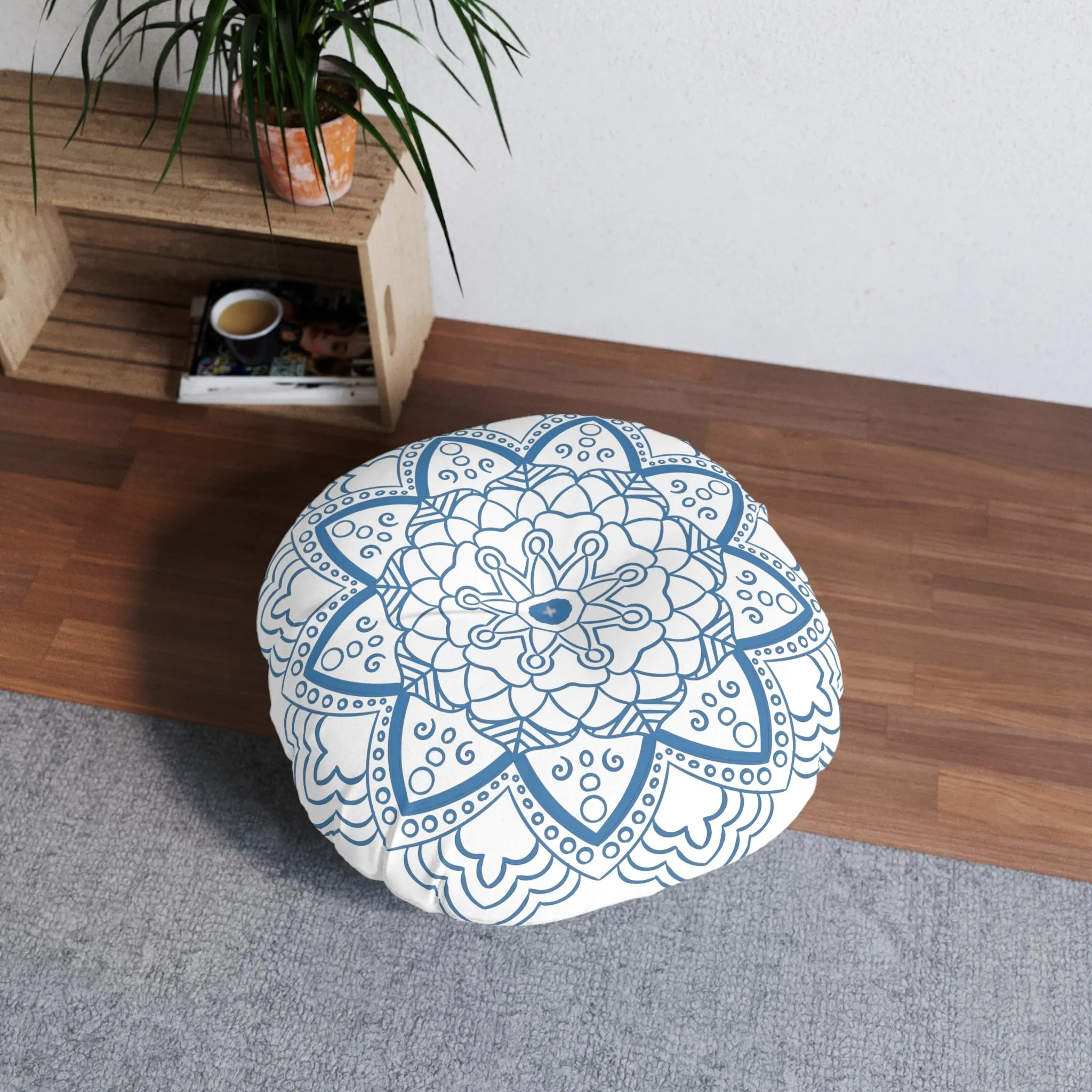 Handmade Mandala Art Steel Blue Floor Cushion - Tufted Round Pillow