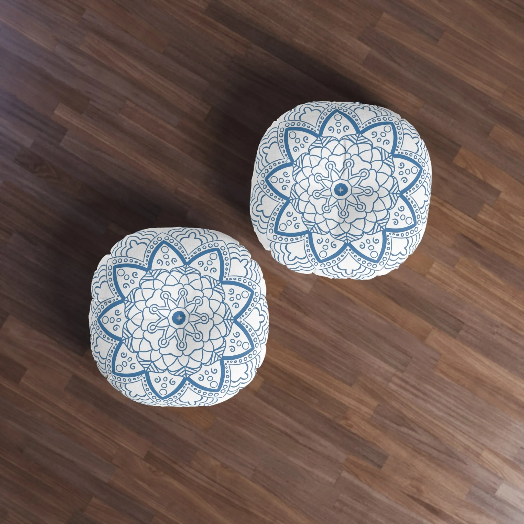 Handmade Mandala Art Steel Blue Floor Cushion - Tufted Round Pillow