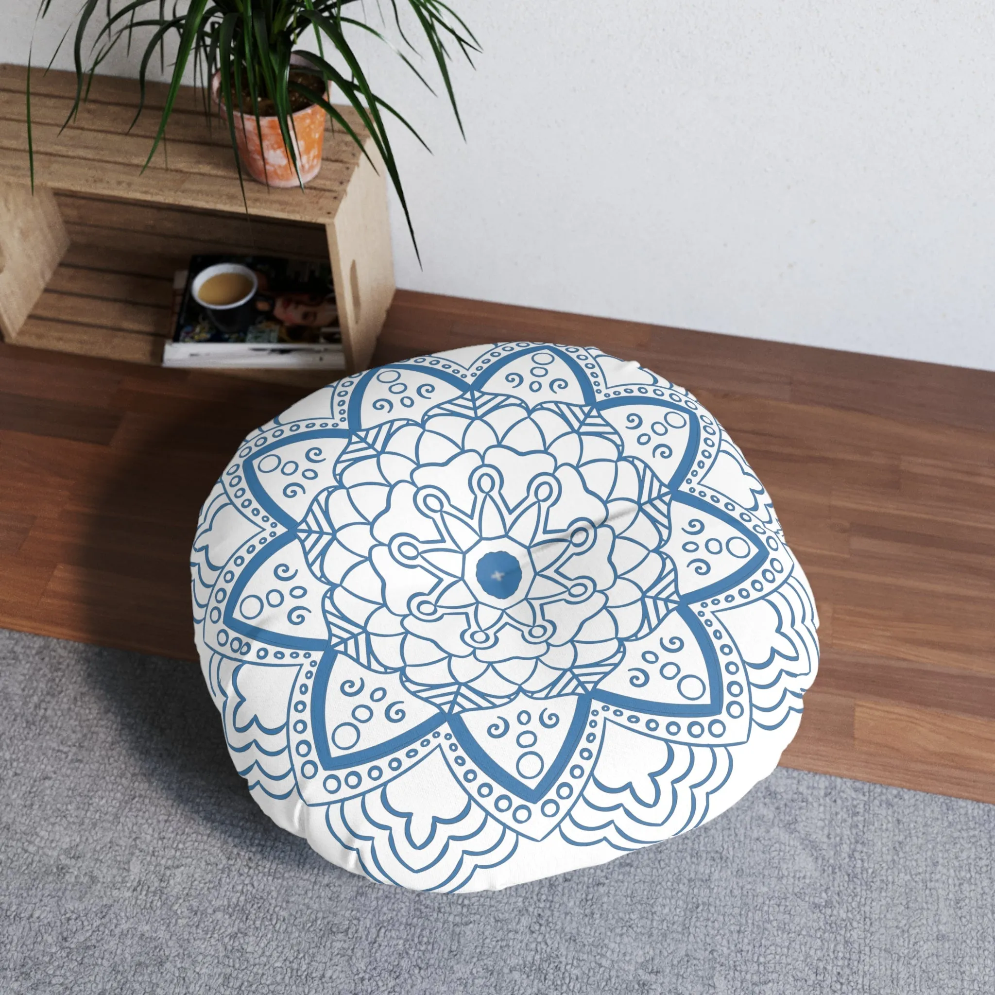 Handmade Mandala Art Steel Blue Floor Cushion - Tufted Round Pillow