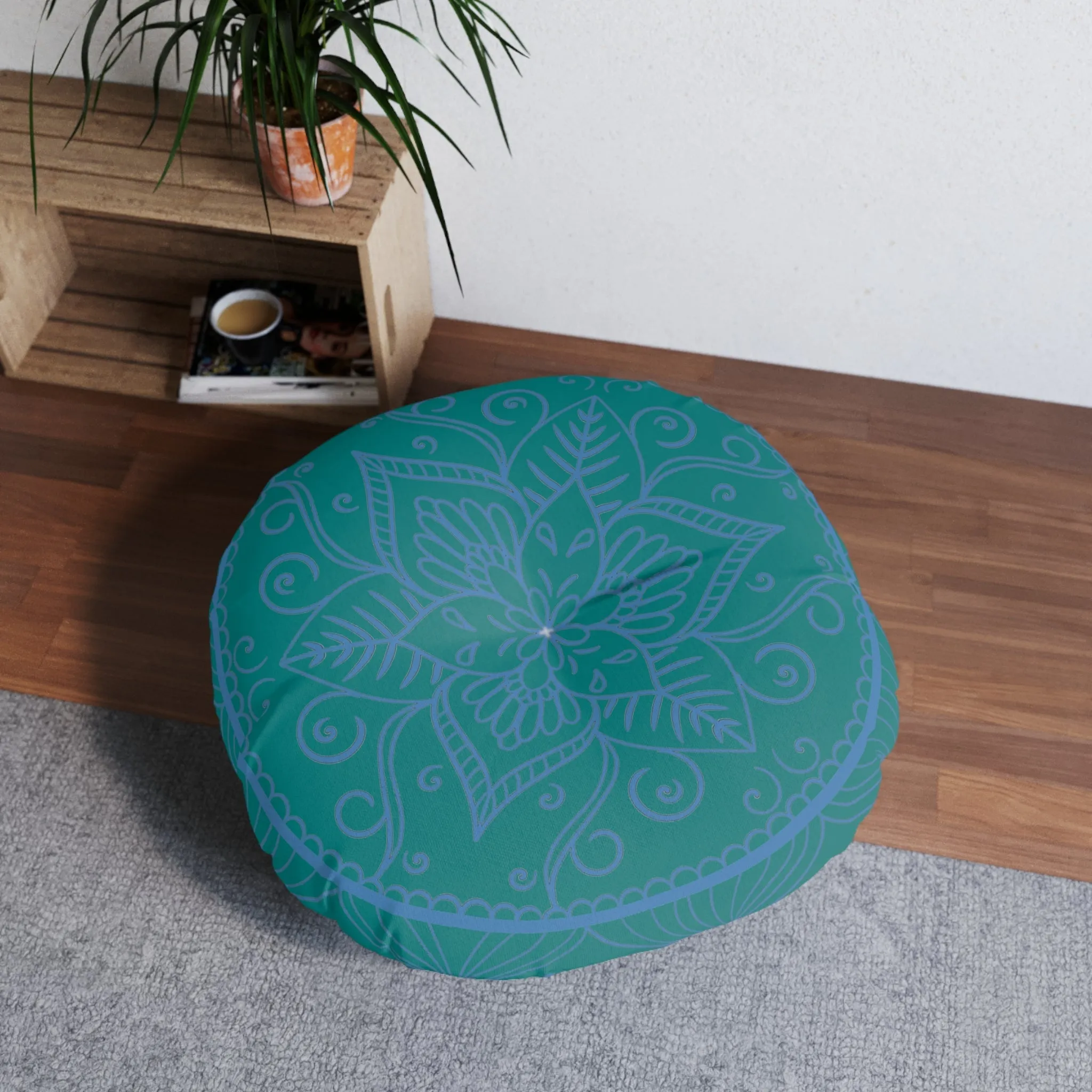 Handmade Mandala Art Steel Blue Round Floor Cushion