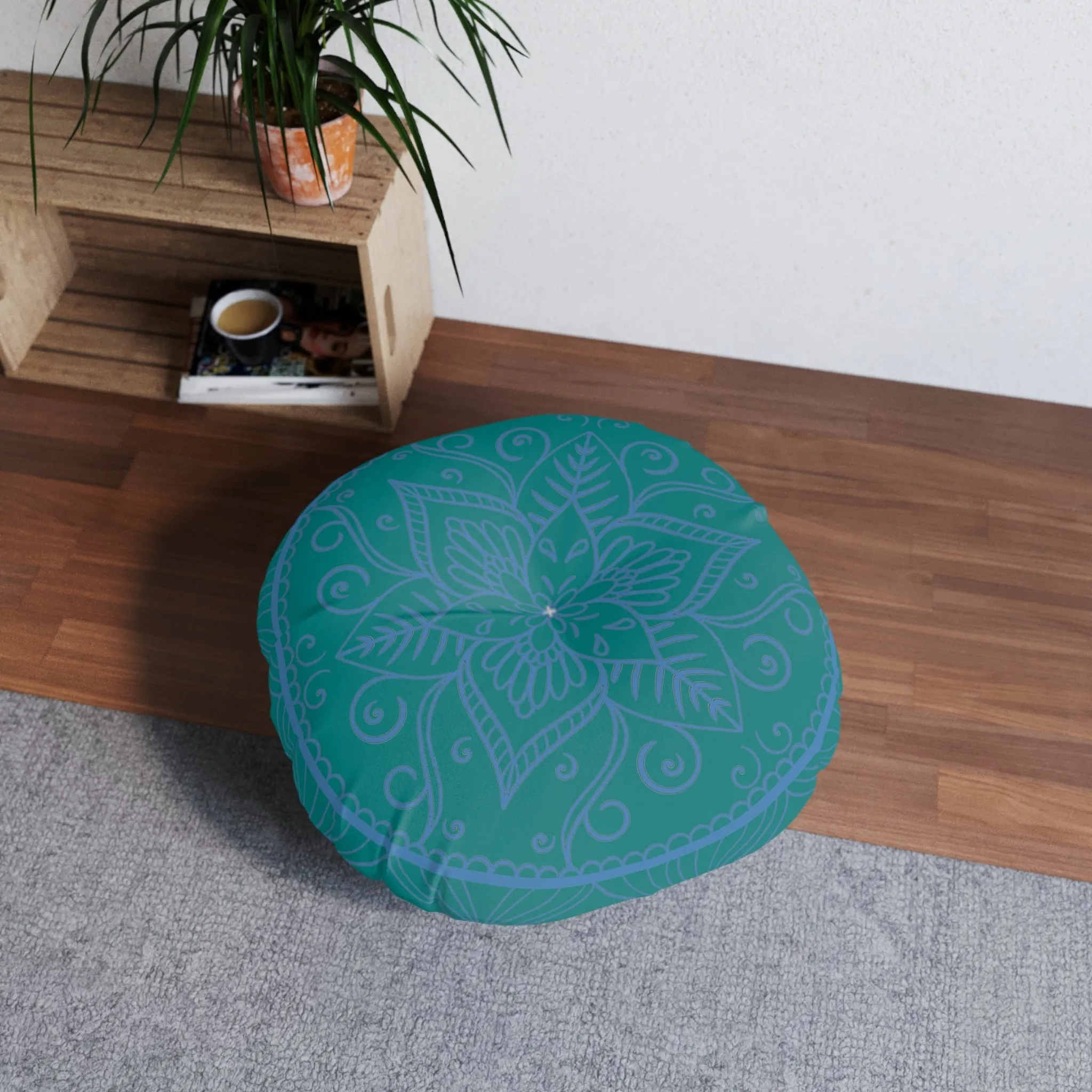 Handmade Mandala Art Steel Blue Round Floor Cushion