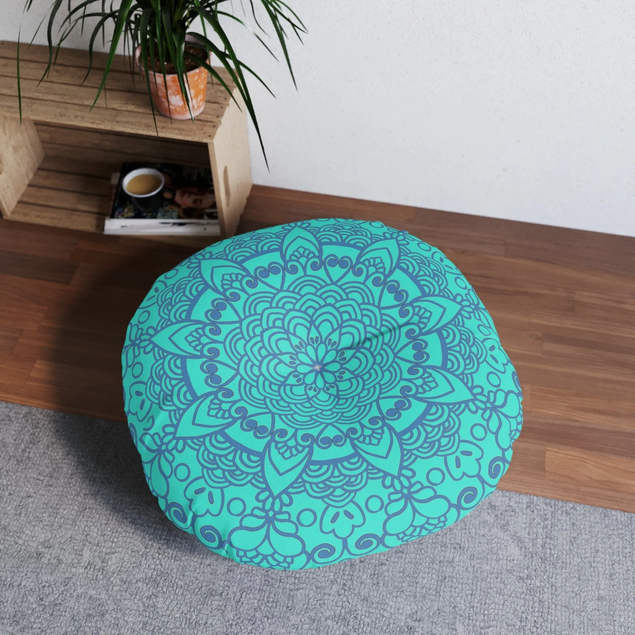 Handmade Mandala Art Steel Blue Tufted Floor Pillow - Round