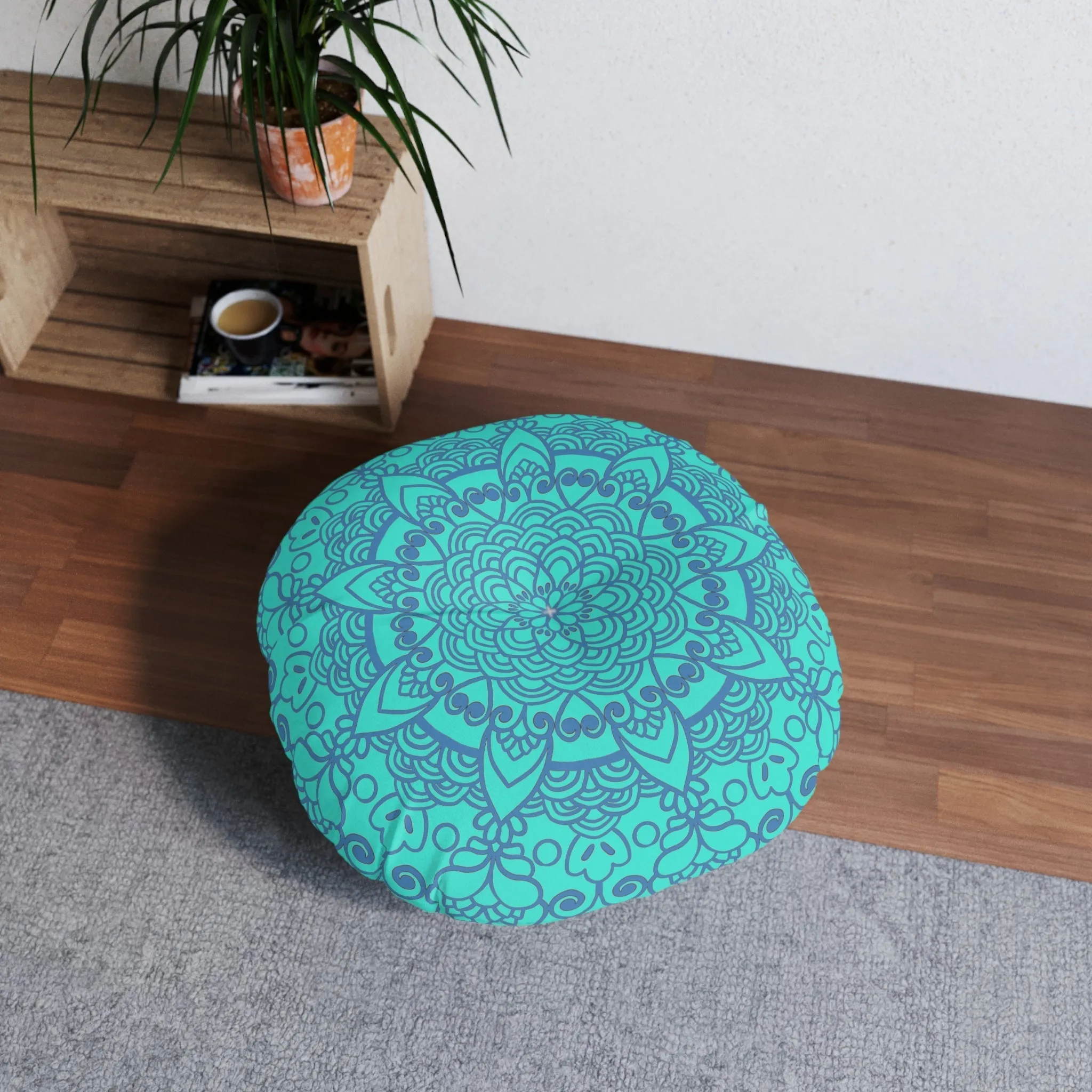 Handmade Mandala Art Steel Blue Tufted Floor Pillow - Round