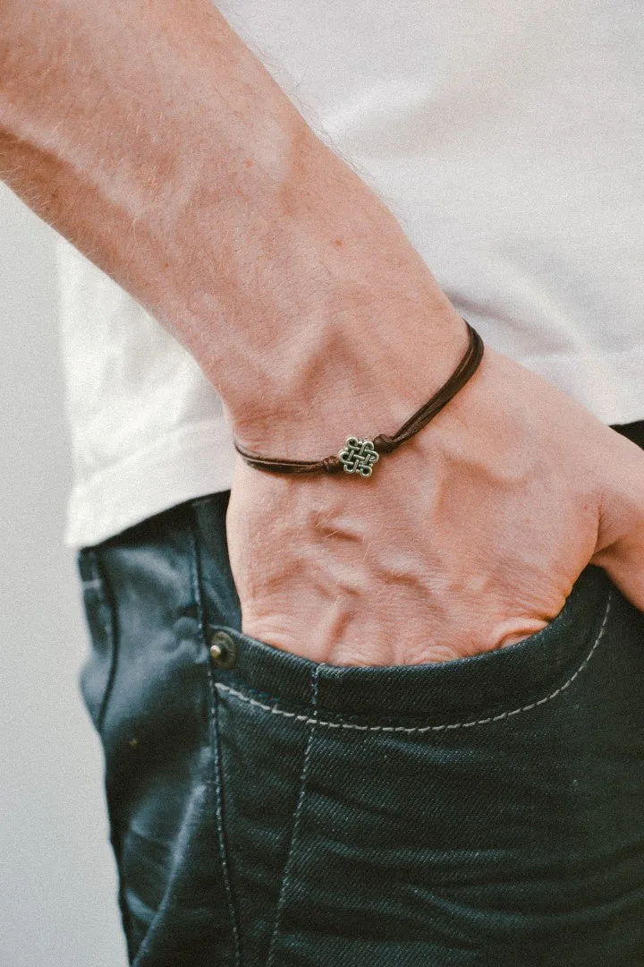 Infinity bracelet for men, brown cord, silver tone bead, gift for him