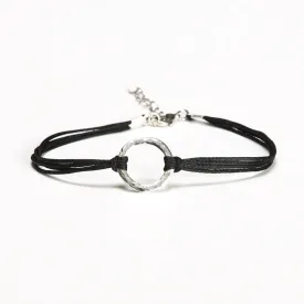 Karma bracelet, black cord, silver circle charm, yoga gift for her, festival jewelry