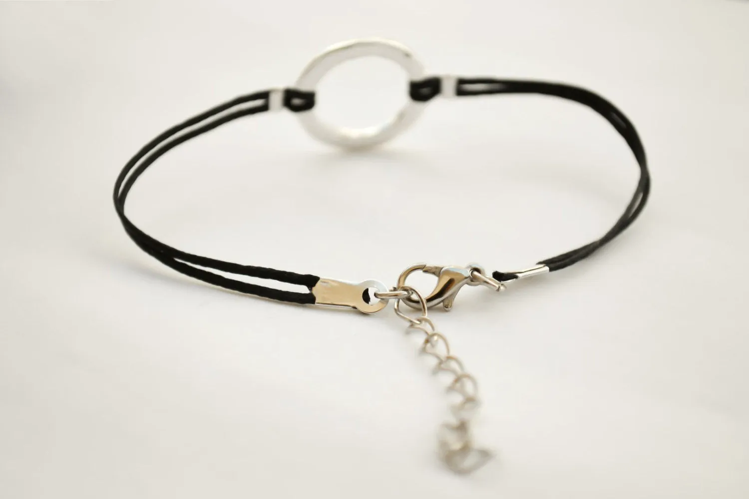 Karma bracelet, silver circle charm and black string, yoga gift for her