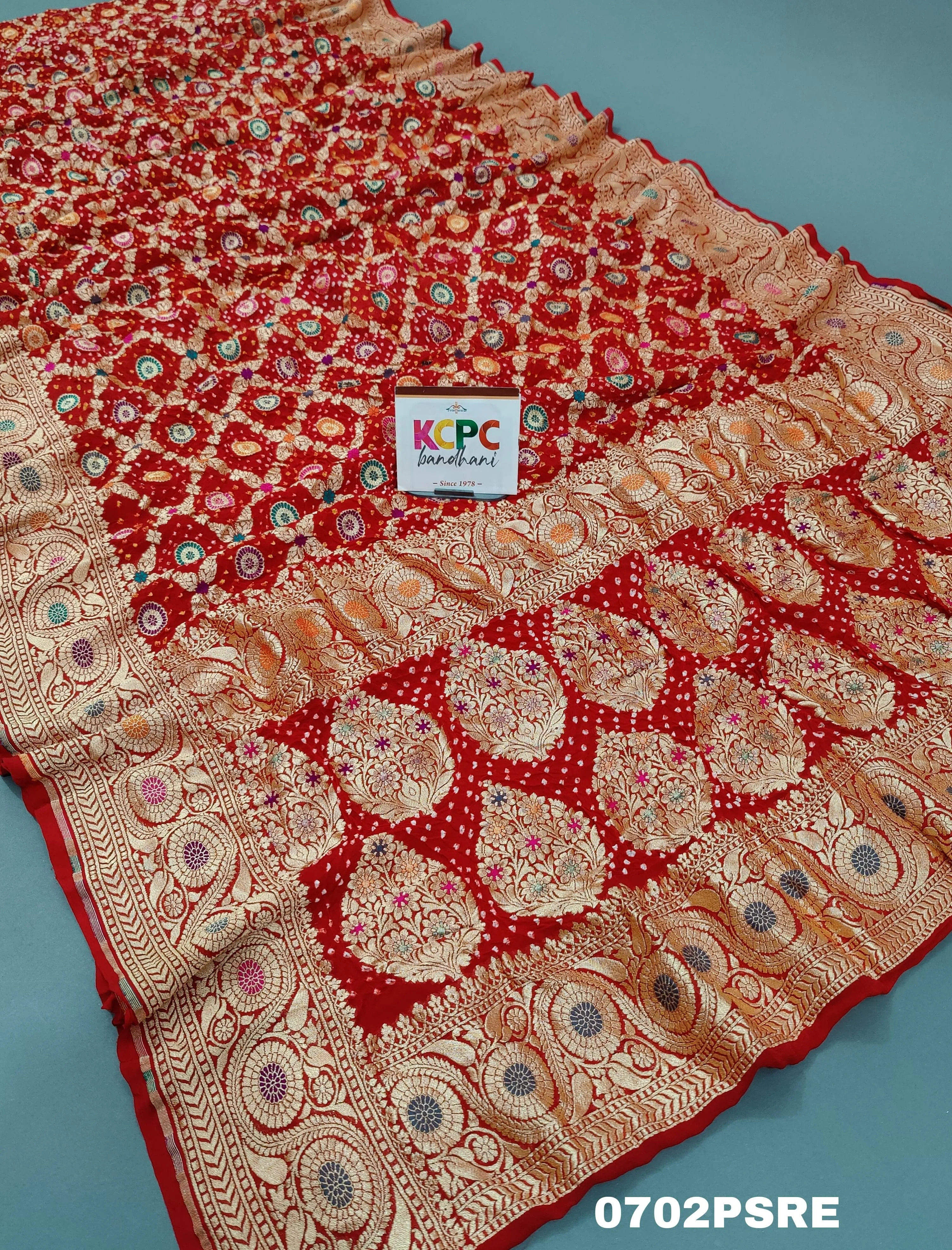 KcPc Originals Pure Meenakari Khaddi Georgette Upada Janglaw Bandhani Neemzari Saree With Blouse Red D1