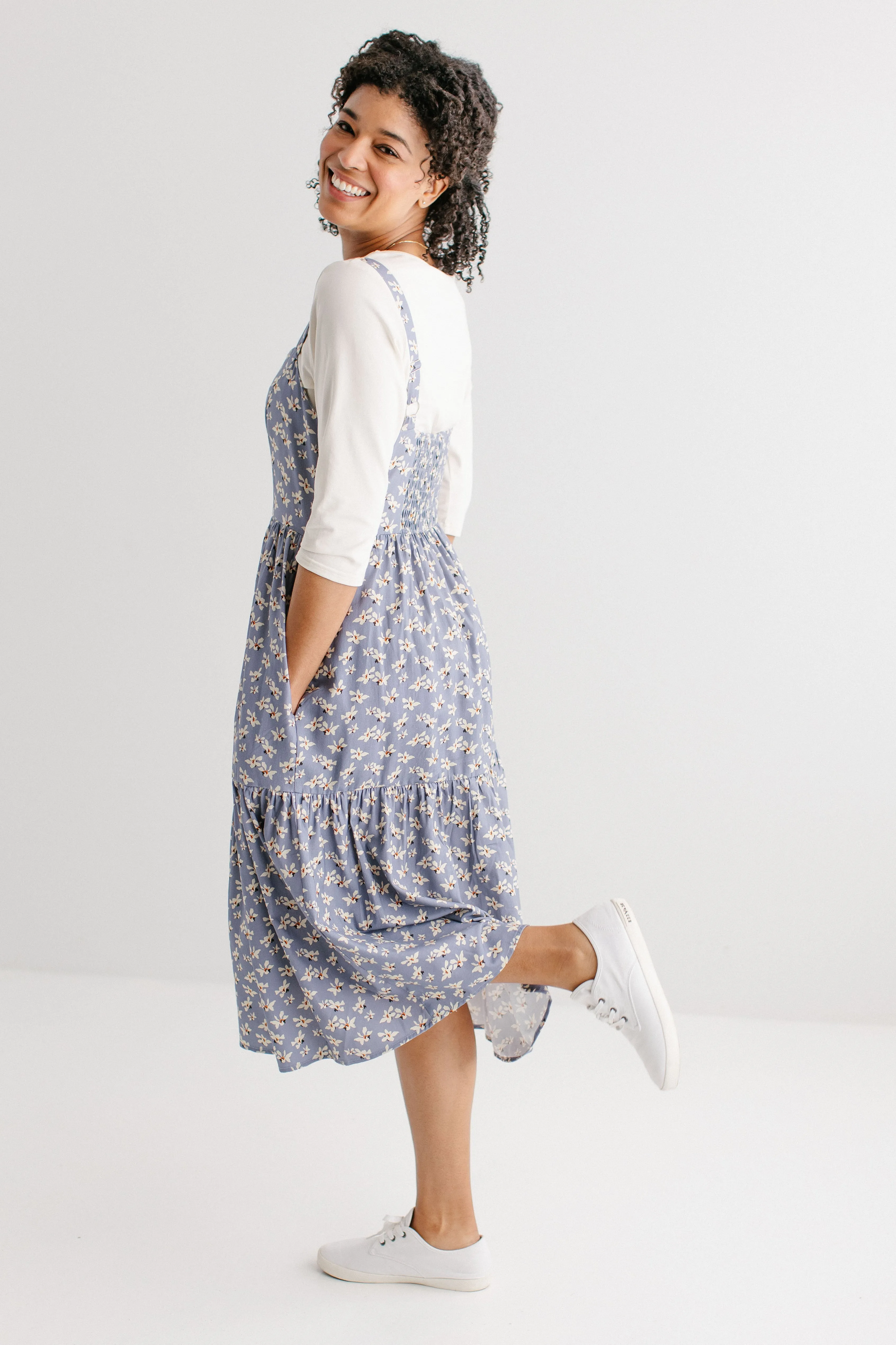 'Kinsley' Printed Floral Pinafore Dress in Dusty Blue FINAL SALE