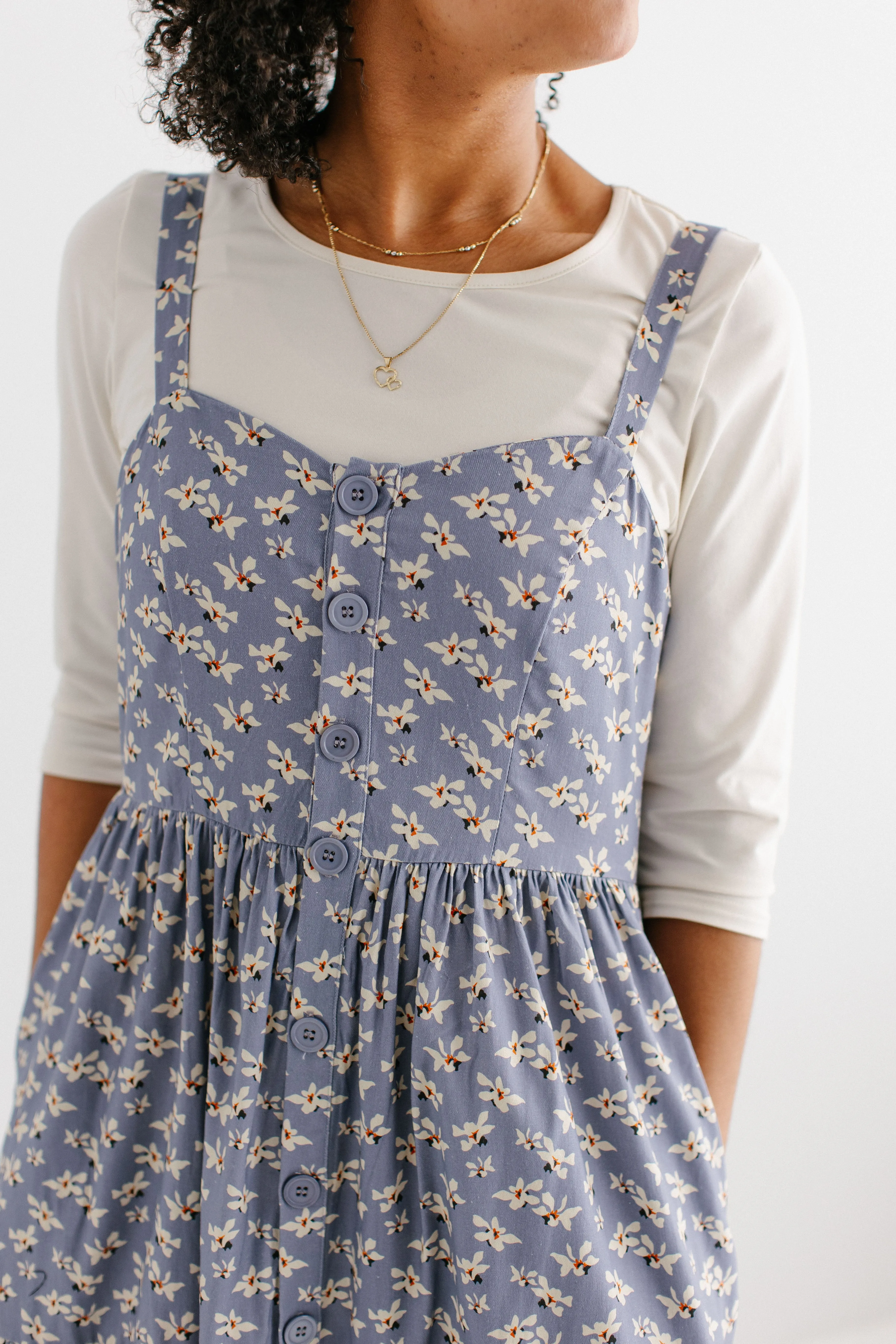 'Kinsley' Printed Floral Pinafore Dress in Dusty Blue FINAL SALE