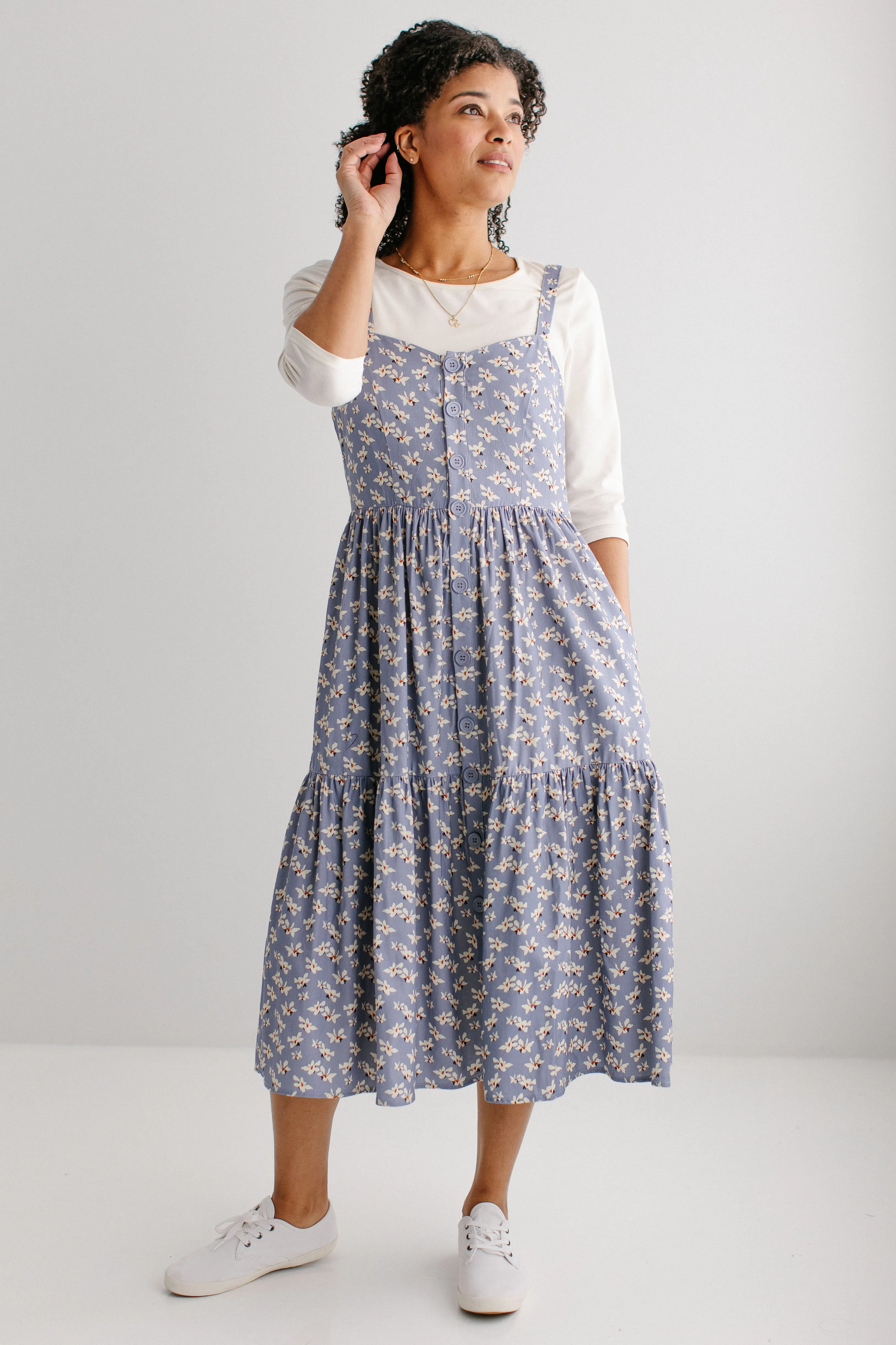 'Kinsley' Printed Floral Pinafore Dress in Dusty Blue FINAL SALE