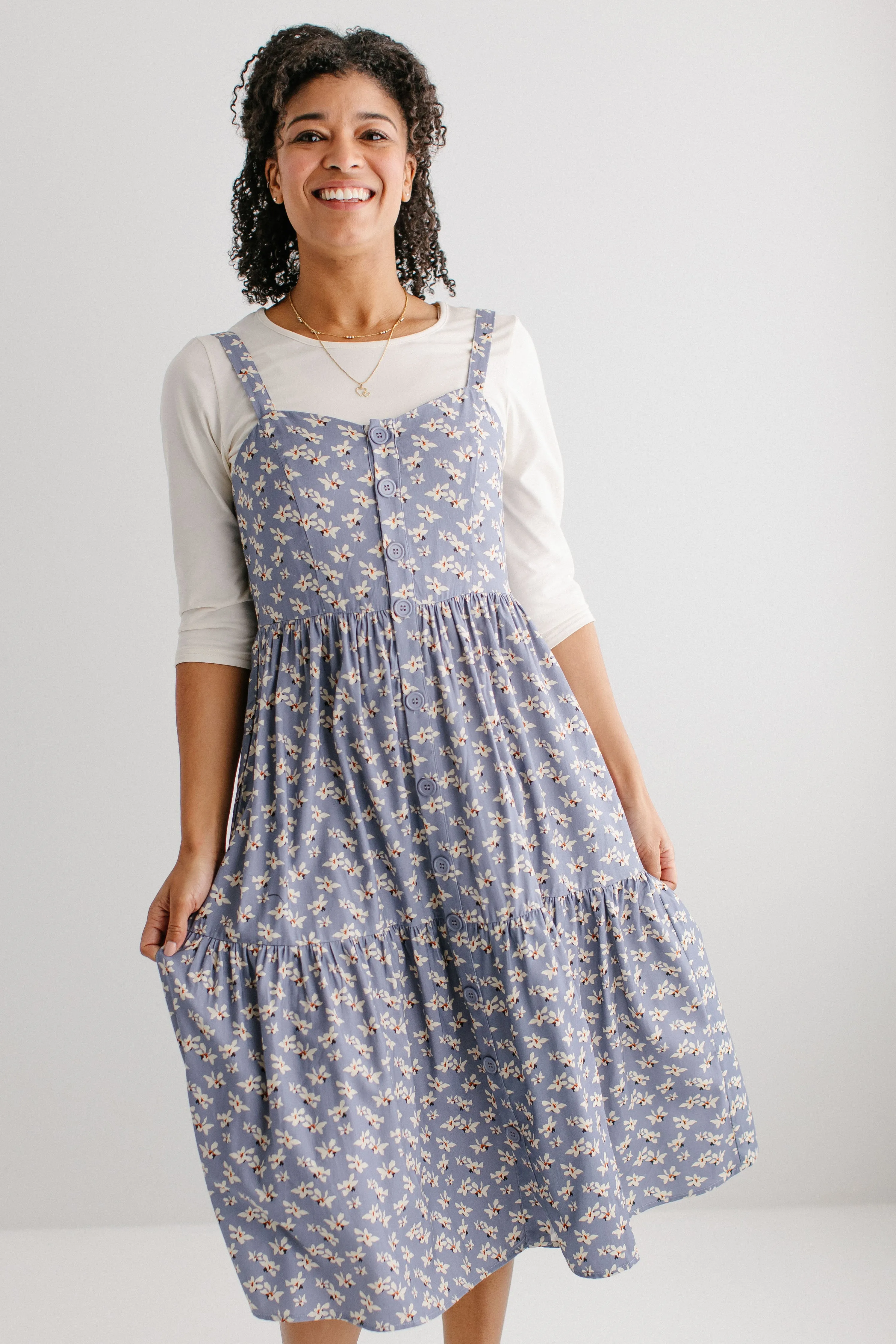 'Kinsley' Printed Floral Pinafore Dress in Dusty Blue FINAL SALE