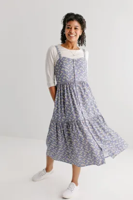 'Kinsley' Printed Floral Pinafore Dress in Dusty Blue FINAL SALE