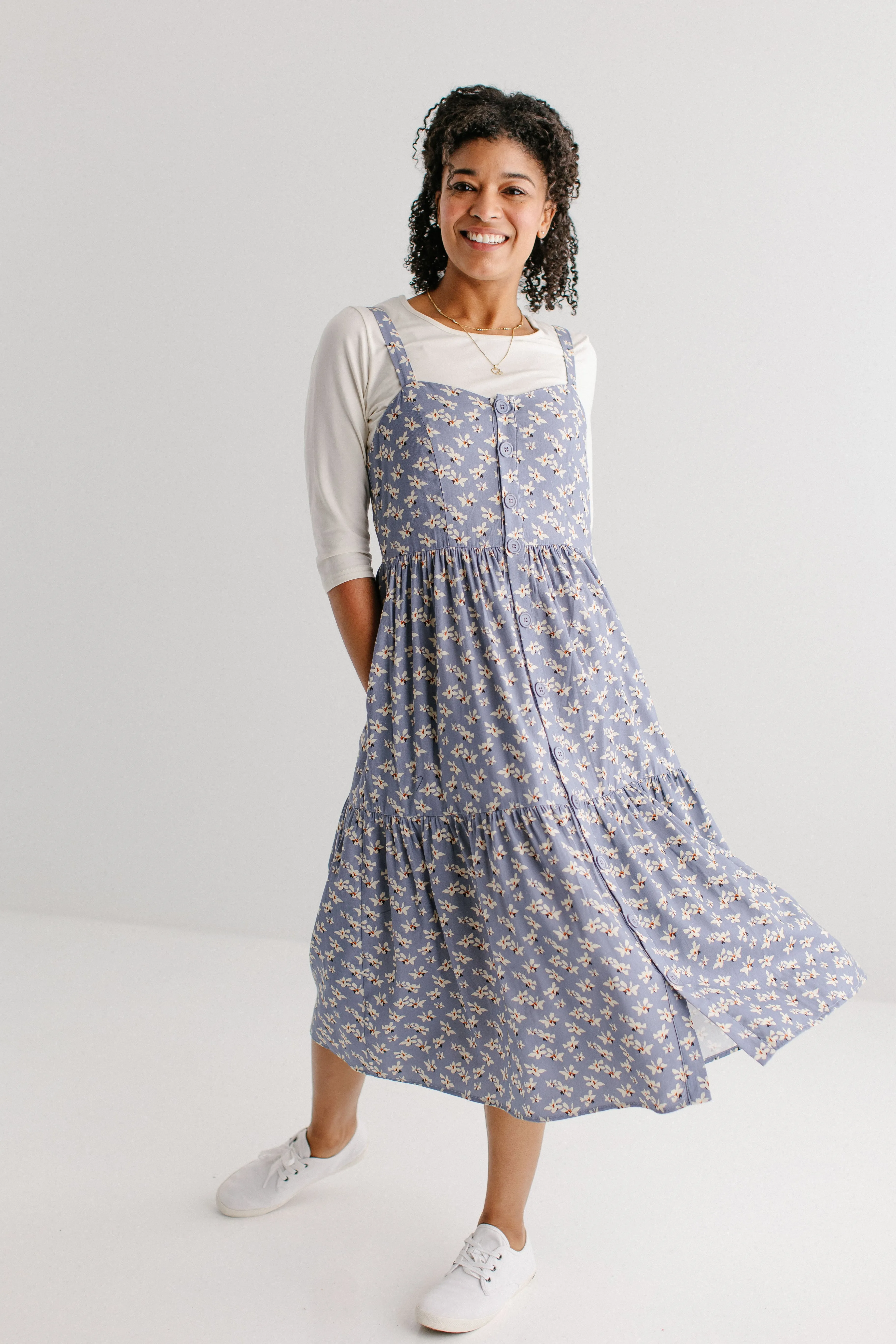 'Kinsley' Printed Floral Pinafore Dress in Dusty Blue FINAL SALE