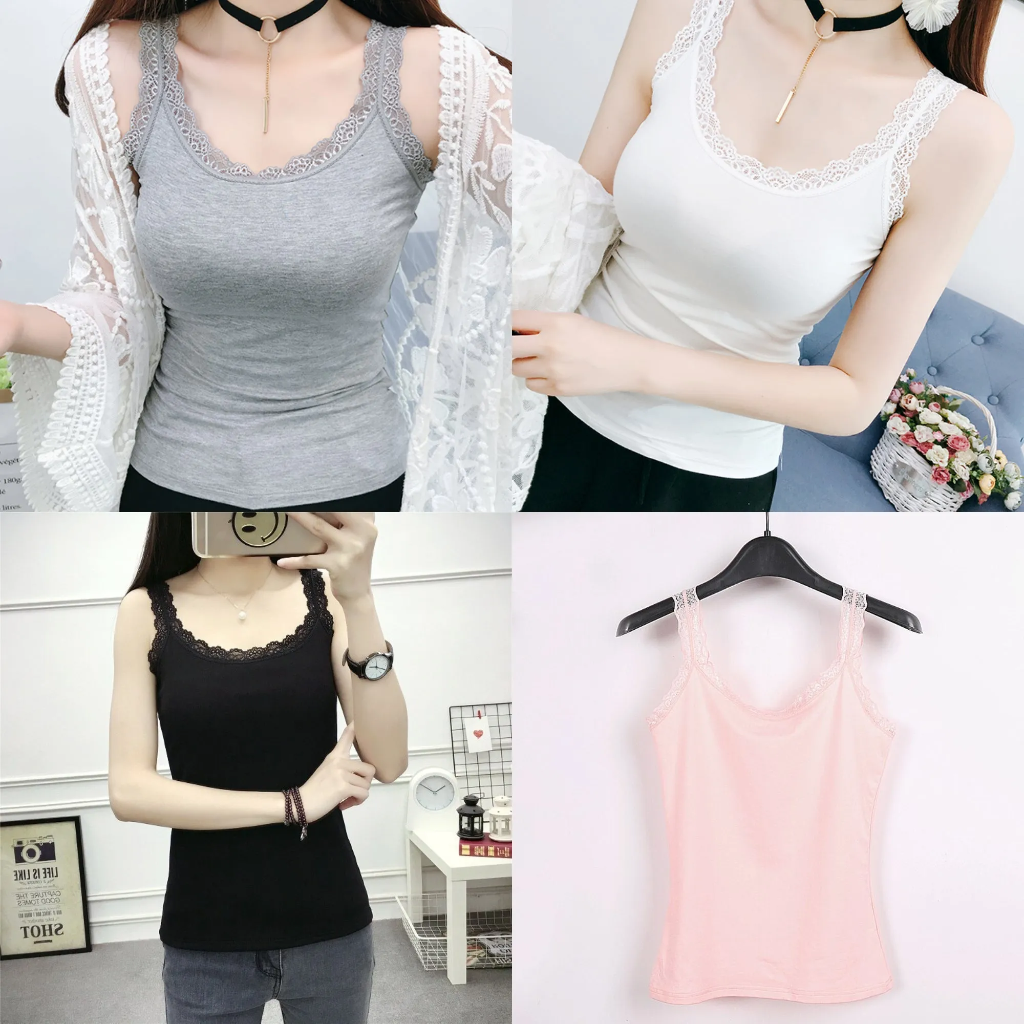 Lace Trim Cotton Soft Stretchy Tank Tops