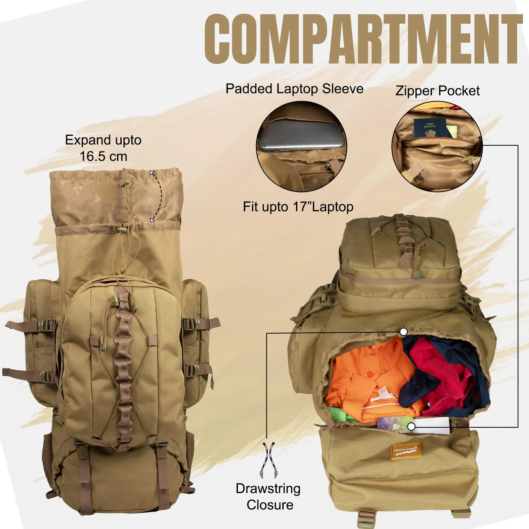 Levante 87L Khaki  Rucksack with Detachable Daypack