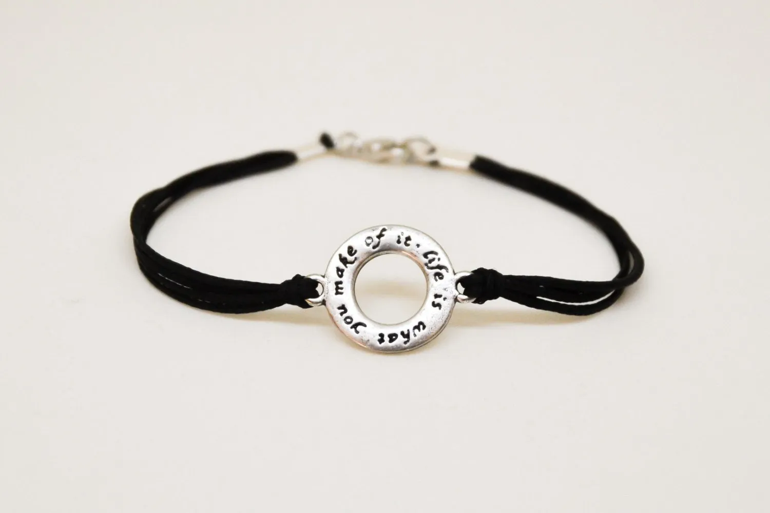 Life is what you make of it bracelet for men, black cord, silver circle, gift for him