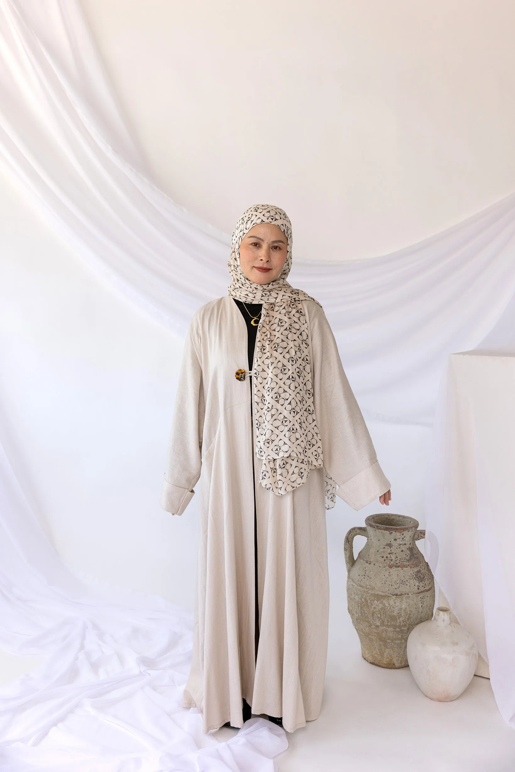 linen pocket abaya beige