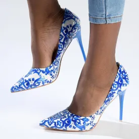 Madison Pandora Printed PU High Stilletto Court - White/Blue