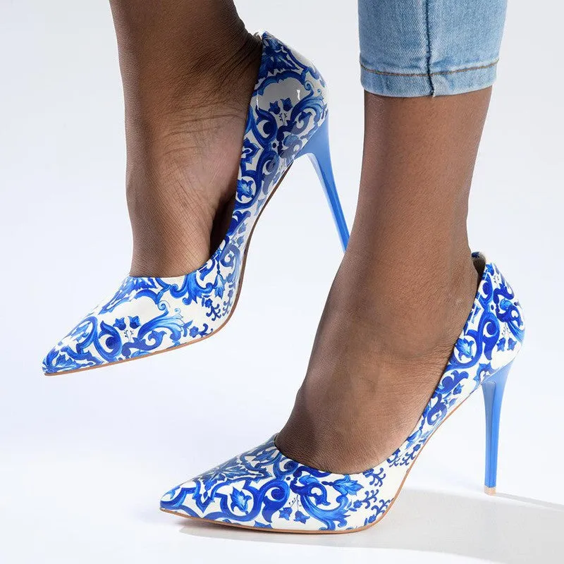 Madison Pandora Printed PU High Stilletto Court - White/Blue