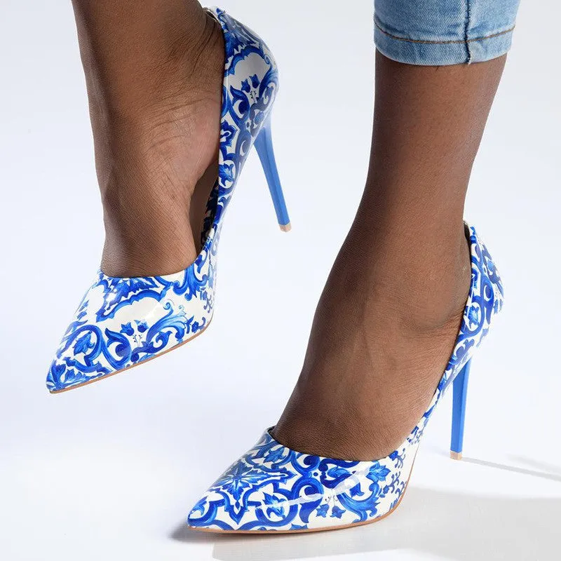 Madison Pandora Printed PU High Stilletto Court - White/Blue