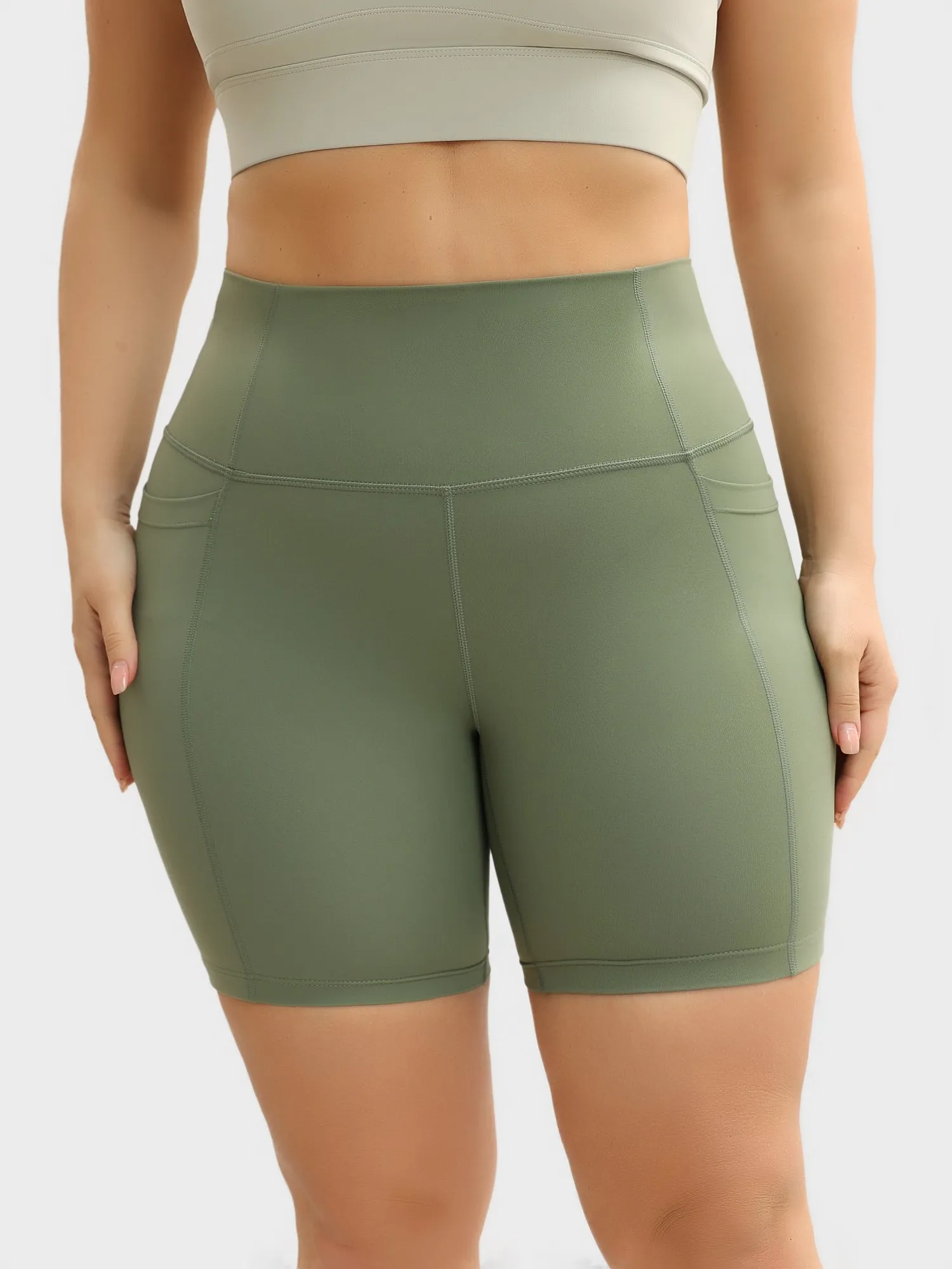 Midsize High-Waisted Hip-Lift Tight Yoga Shorts with Pockets