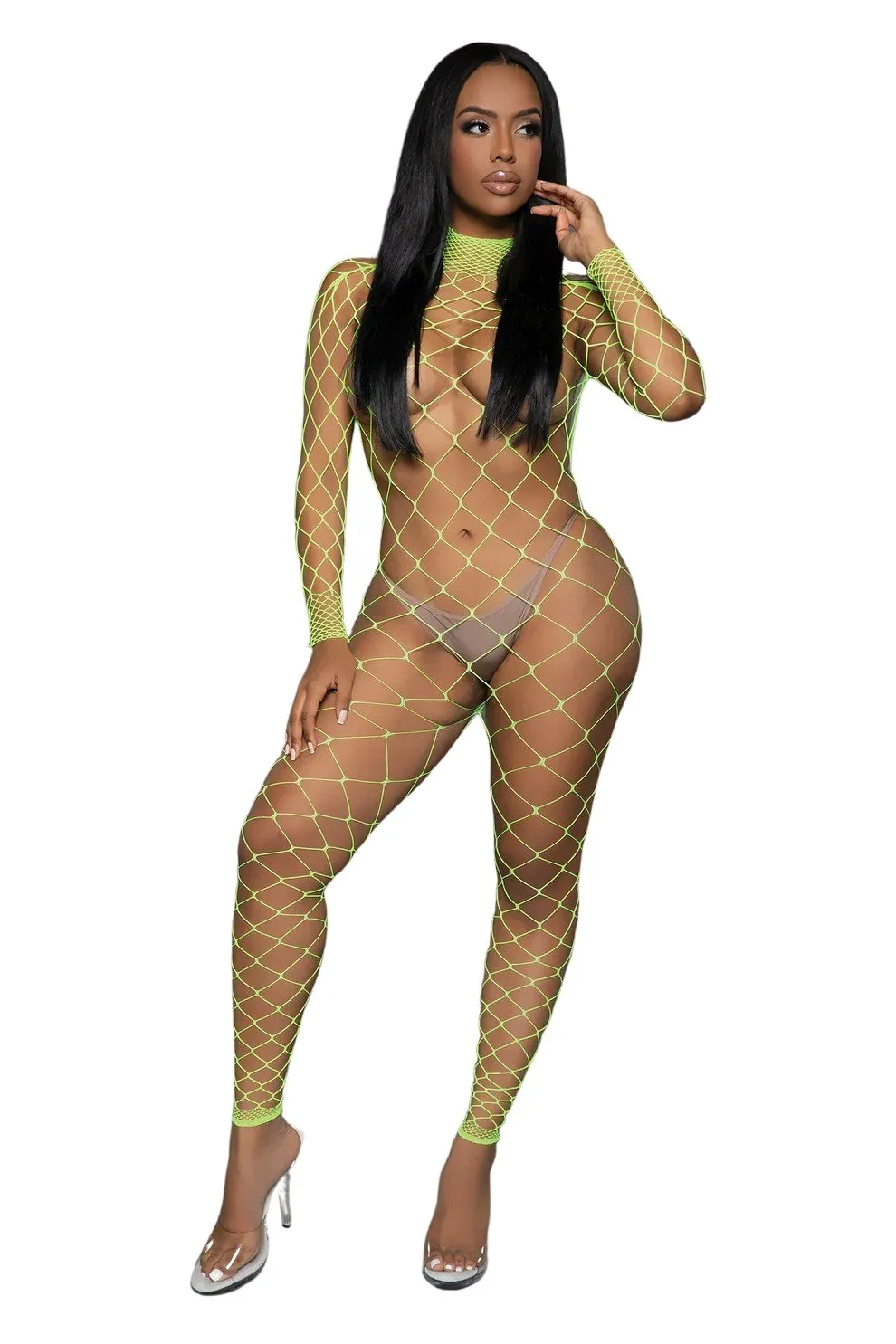 Modern Fence Net Catsuit with Turtleneck and Long Sleeves