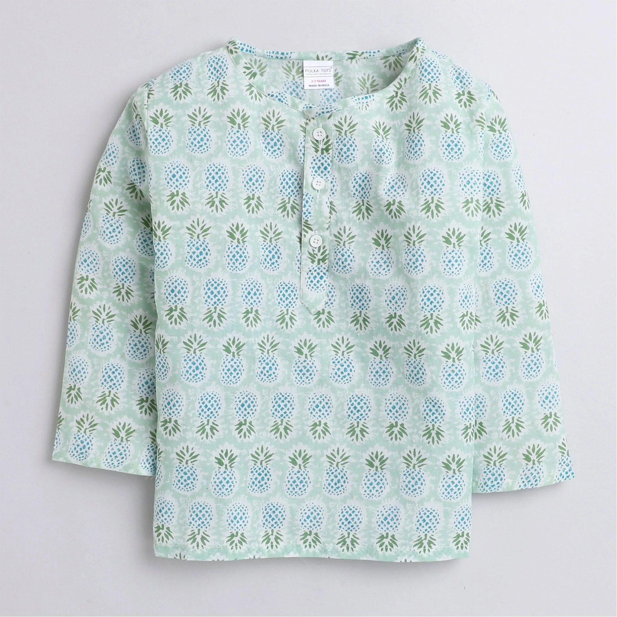 Polka Tots Full sleeves Pineapple print Kurta Pyjama - Green