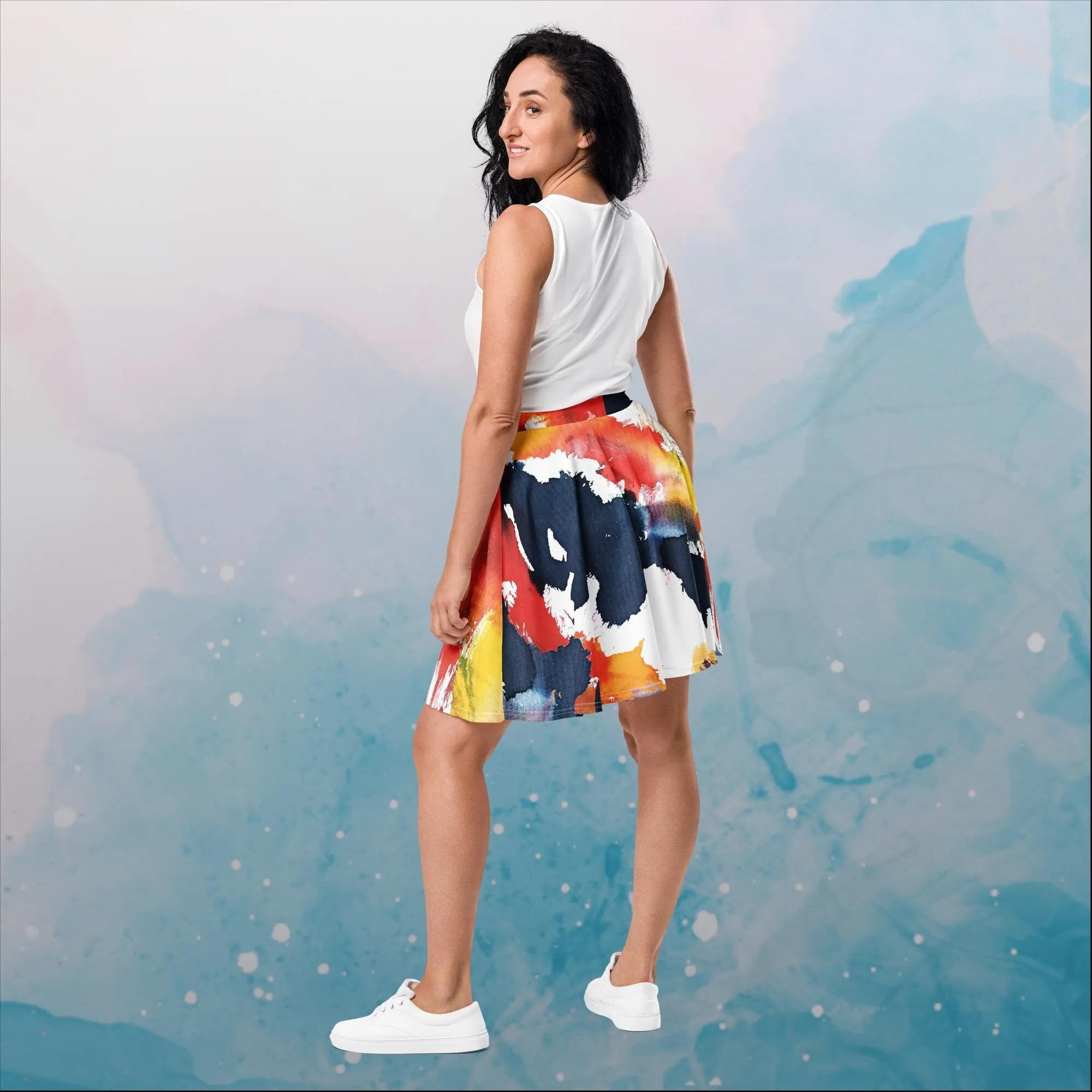 Primary Color Pallet Paint Print Womens Skater Skirt