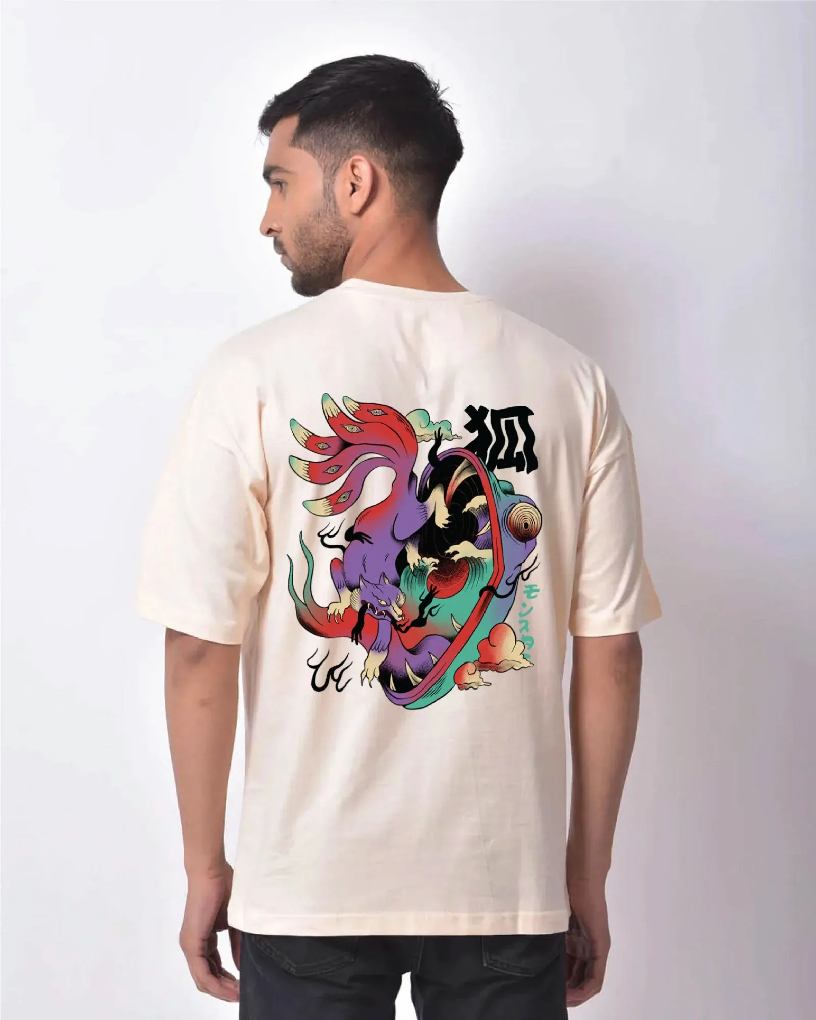 Psychedelic Wolf Drop Shoulder Crew: Pale Ivory