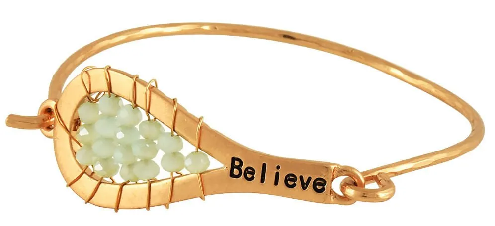 "Believe" Bracelet in Worn Gold-tone with Light Green Beads