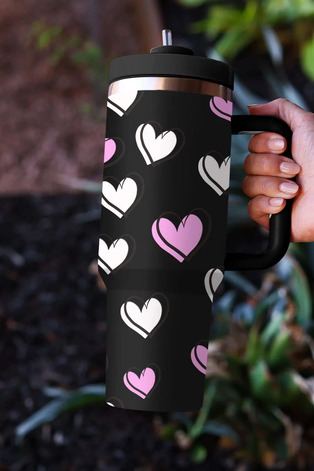 Rose Red Valentines Heart Printed Thermos Cup with Handle