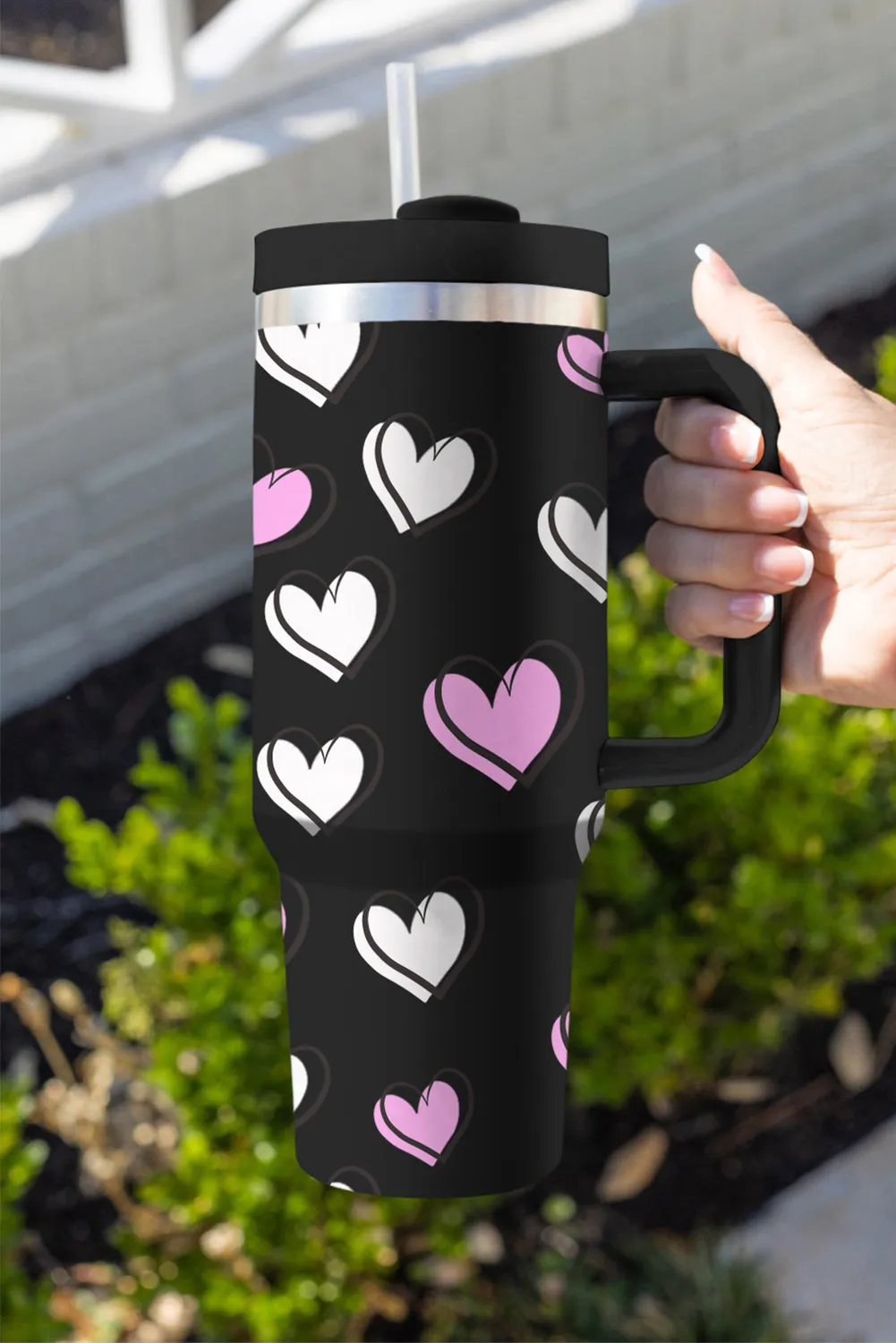 Rose Red Valentines Heart Printed Thermos Cup with Handle