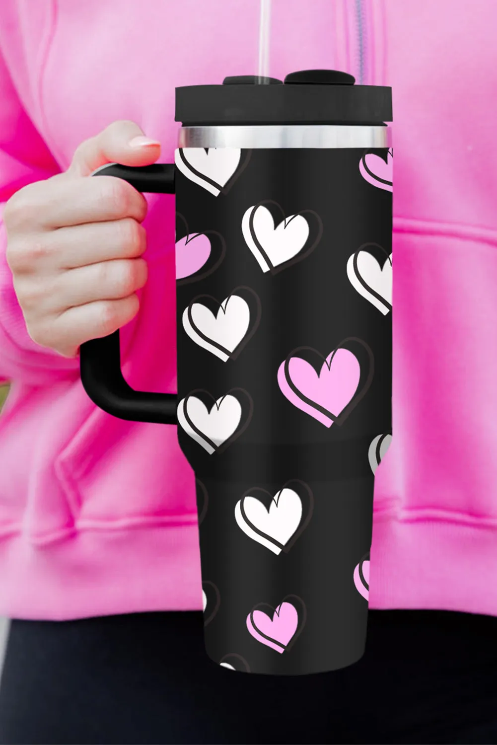 Rose Red Valentines Heart Printed Thermos Cup with Handle