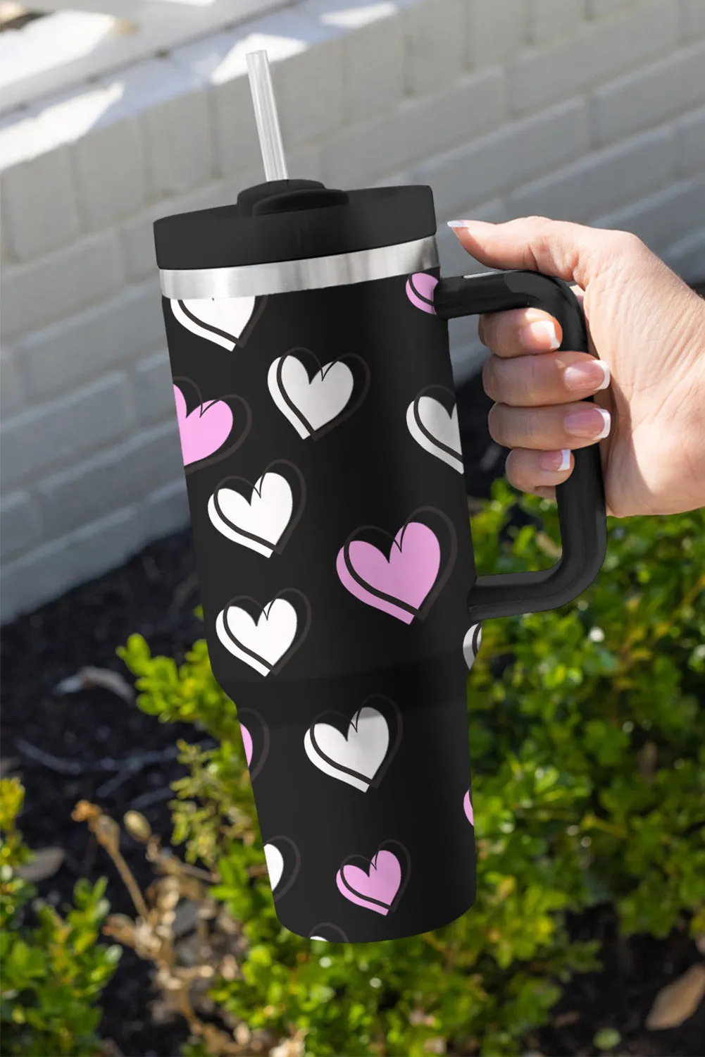 Rose Red Valentines Heart Printed Thermos Cup with Handle