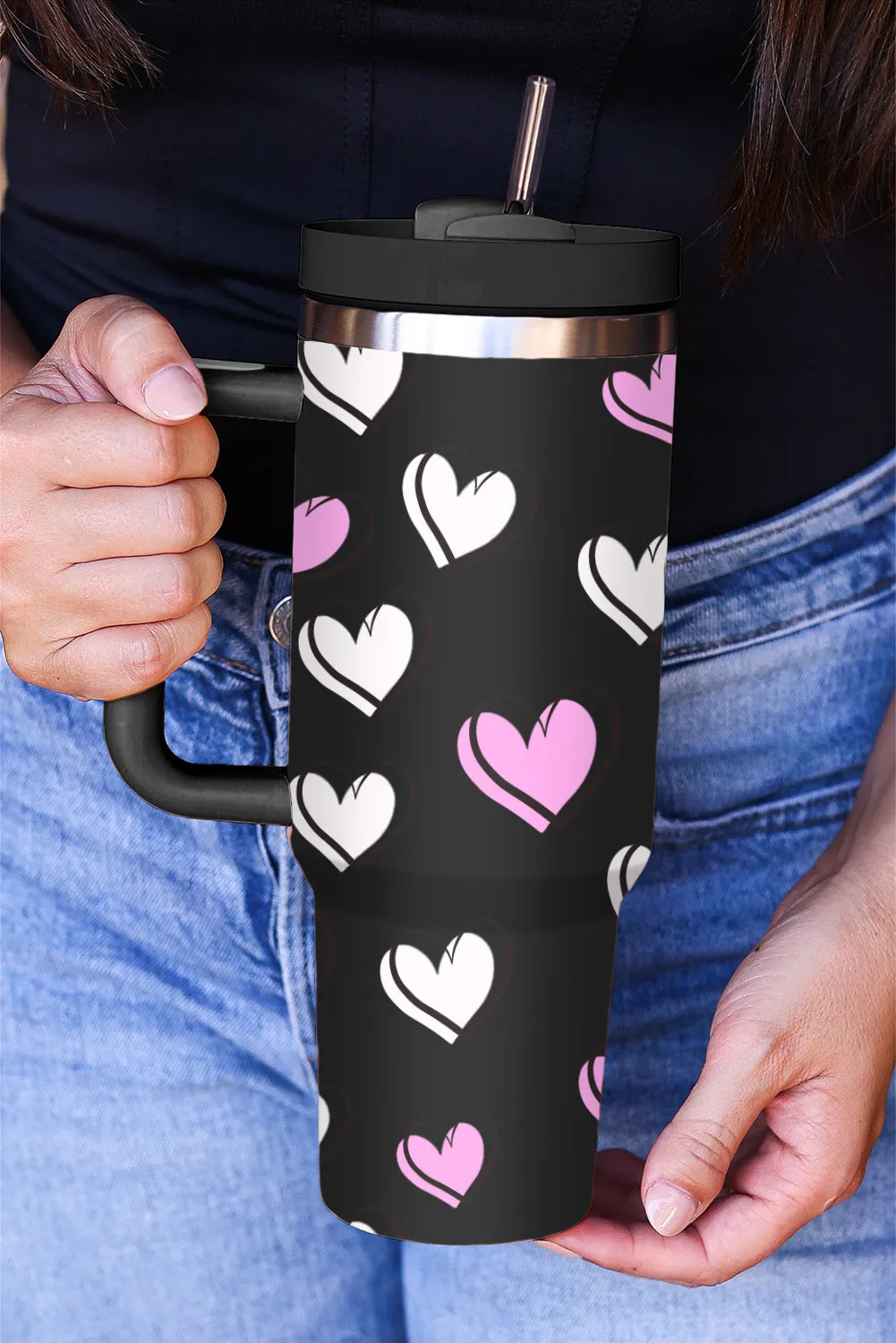 Rose Red Valentines Heart Printed Thermos Cup with Handle