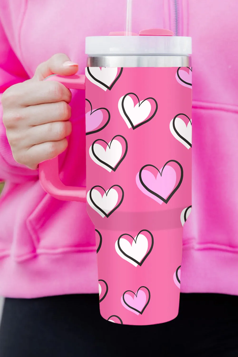 Rose Red Valentines Heart Printed Thermos Cup with Handle