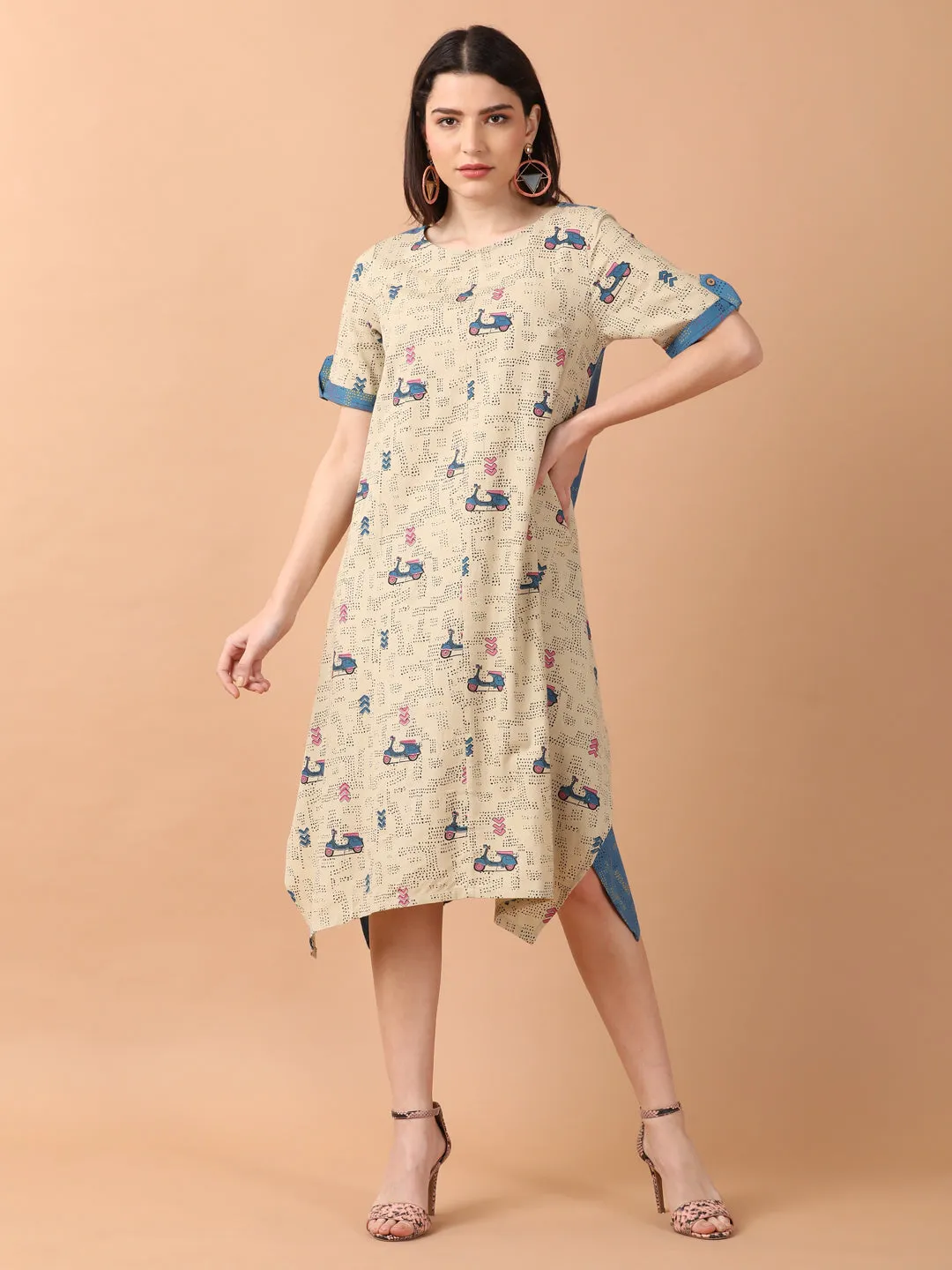 Scooter Motif Printed a Line Wrap Dress