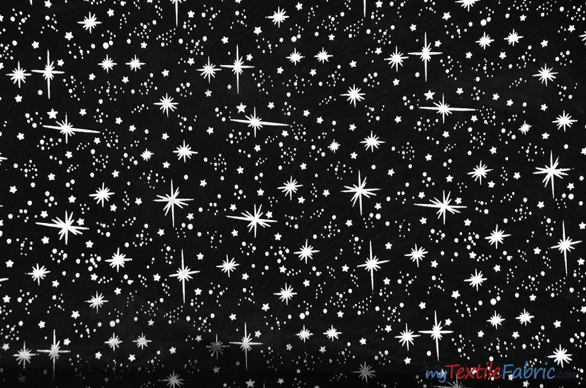 Shooting Star Foil Organza Fabric| 60" Wide | Sheer Organza with Foil Silver Metallic Star | Decor, Overlays, Accents, Dresses, Apparel |